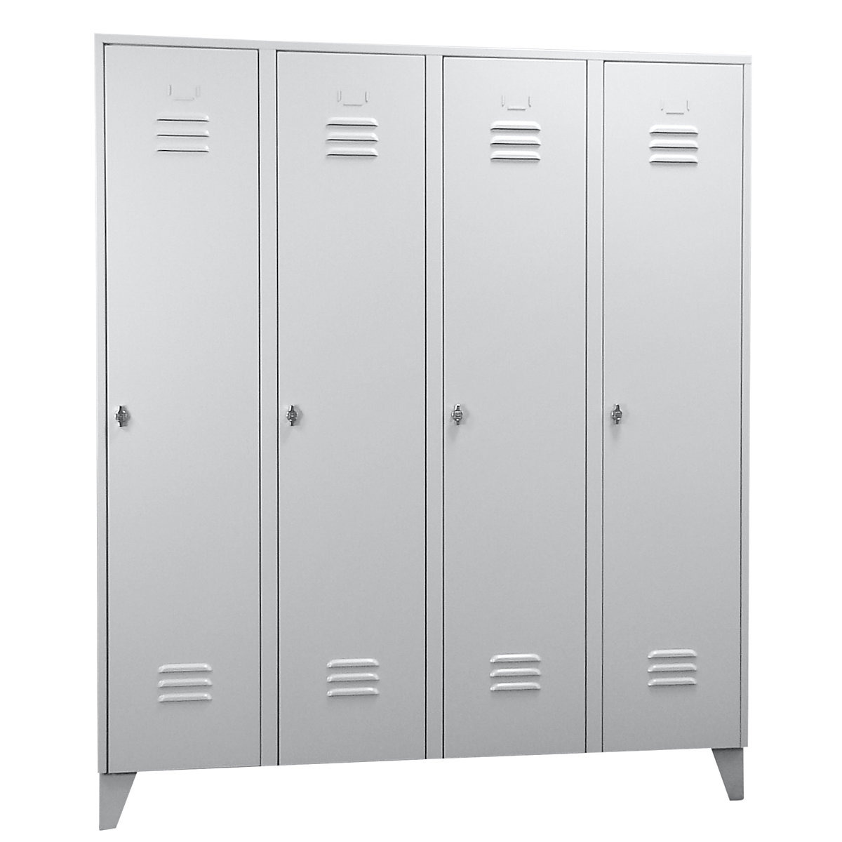 Steel locker with stud feet – Wolf, full height compartments, solid doors, compartment width 400 mm, 4 compartments, light grey-18