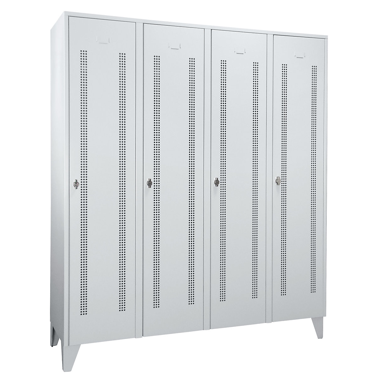 Steel locker with stud feet – Wolf, full height compartments, perforated sheet metal doors, compartment width 400 mm, 4 compartments, light grey-36