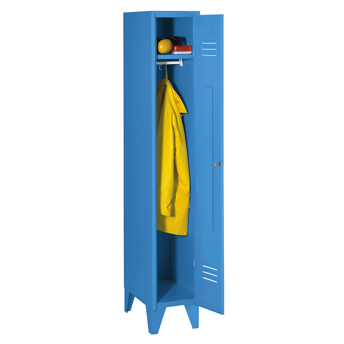 Steel locker with stud feet – Wolf, full height compartments, solid doors, compartment width 300 mm, 1 compartment, light blue-29