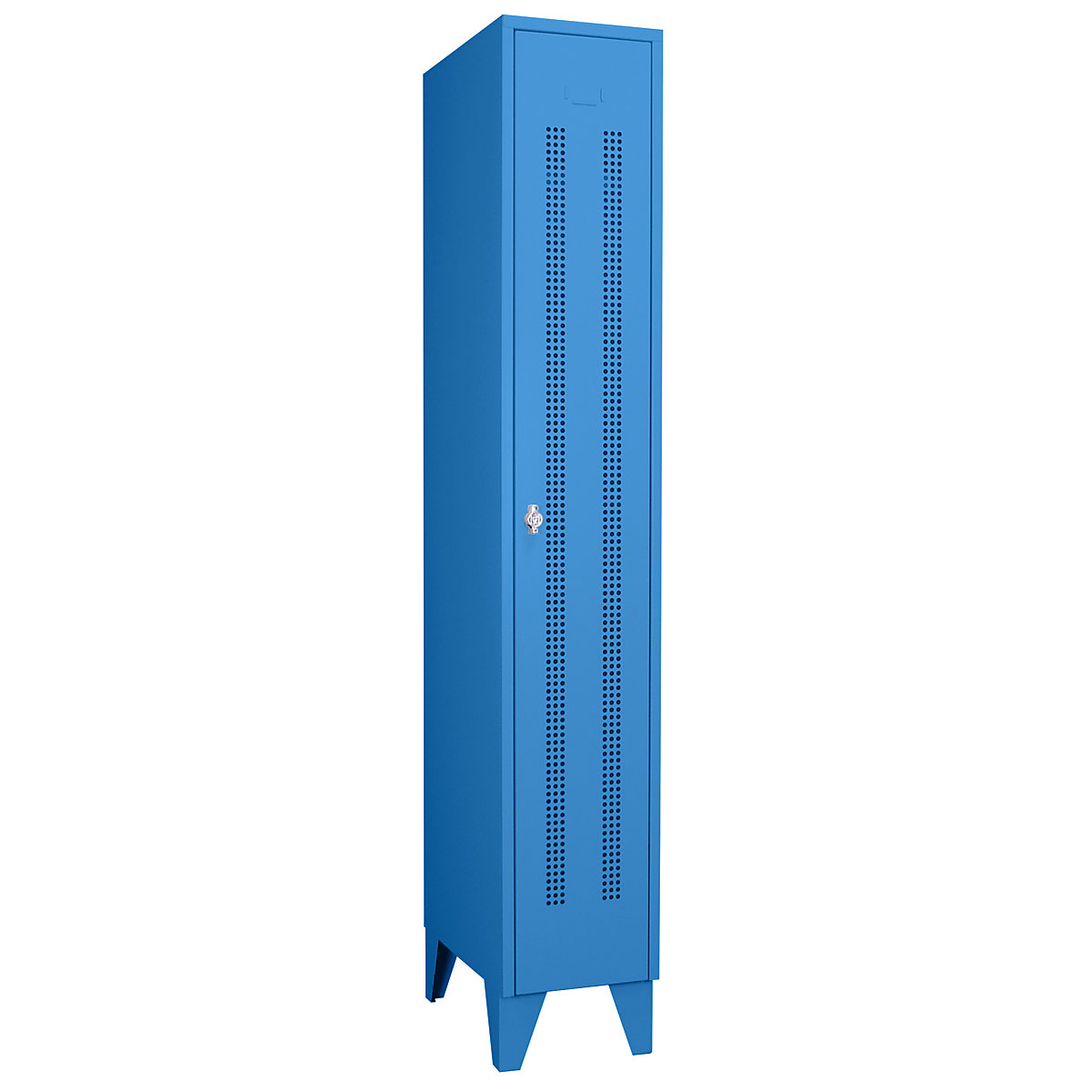 Steel locker with stud feet – Wolf, full height compartments, perforated sheet metal doors, compartment width 300 mm, 1 compartment, light blue-30