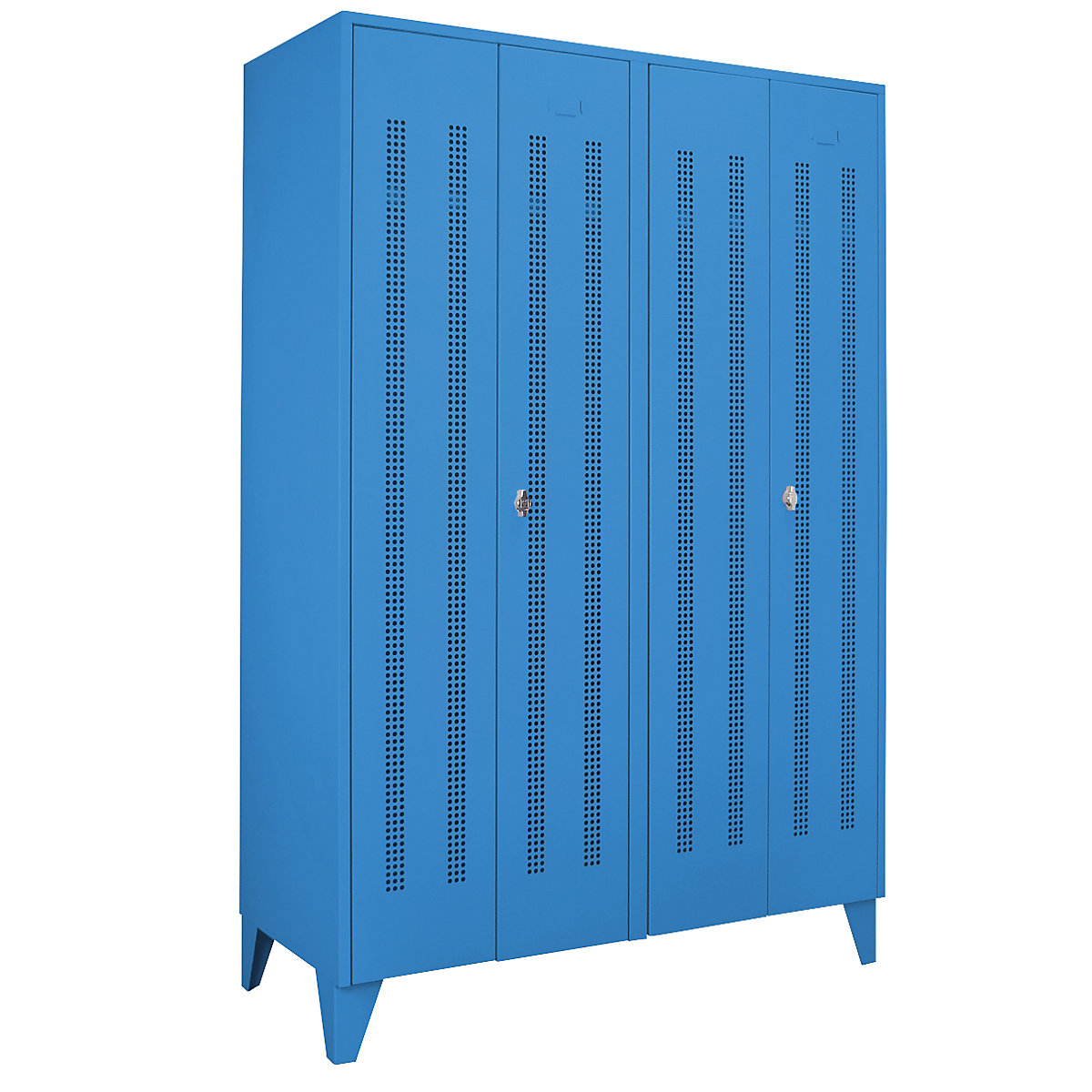 Steel locker with stud feet – Wolf, full height compartments, perforated sheet metal doors, compartment width 600 mm, 2 compartments, light blue-12
