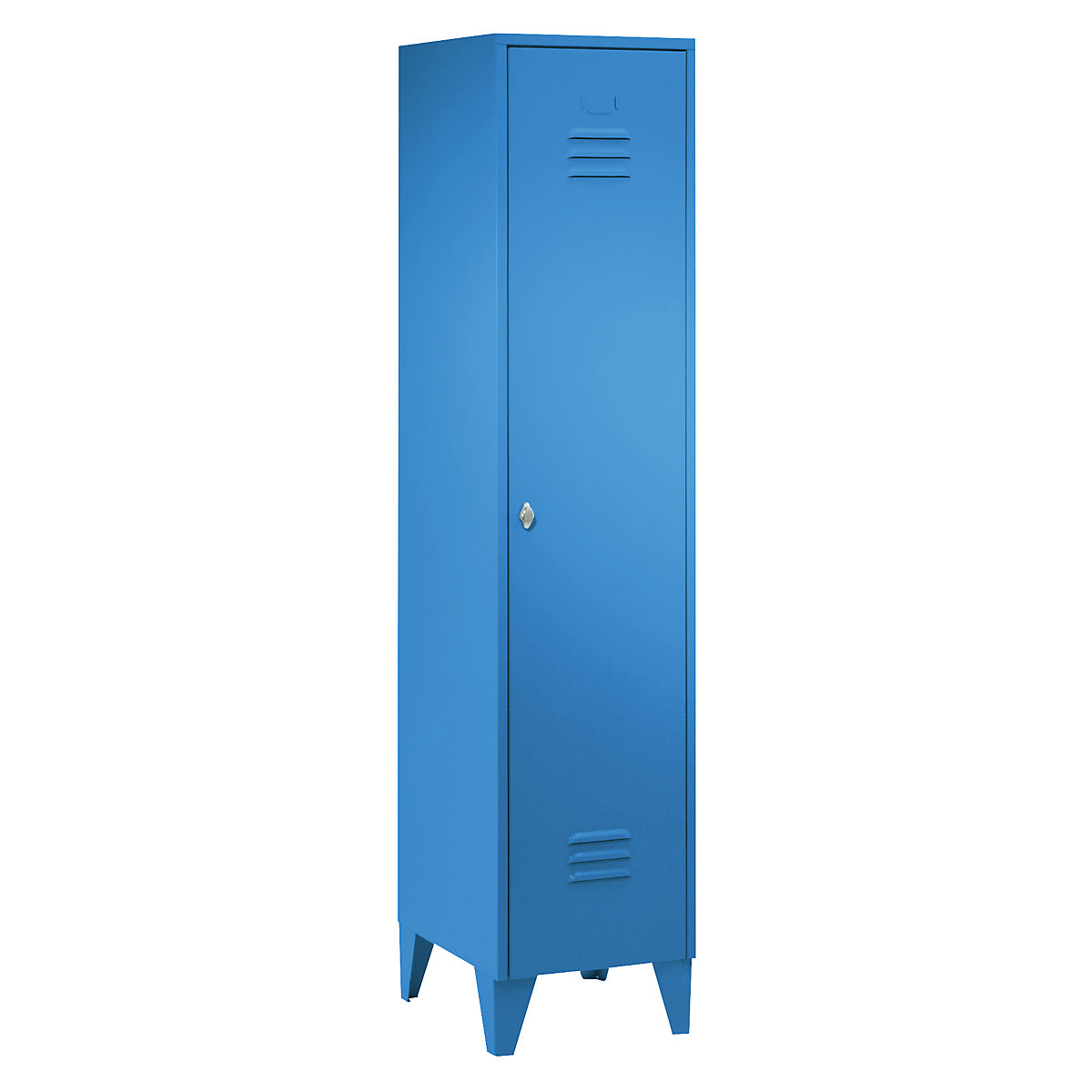 Steel locker with stud feet – Wolf, full height compartments, solid doors, compartment width 400 mm, 1 compartment, light blue-17
