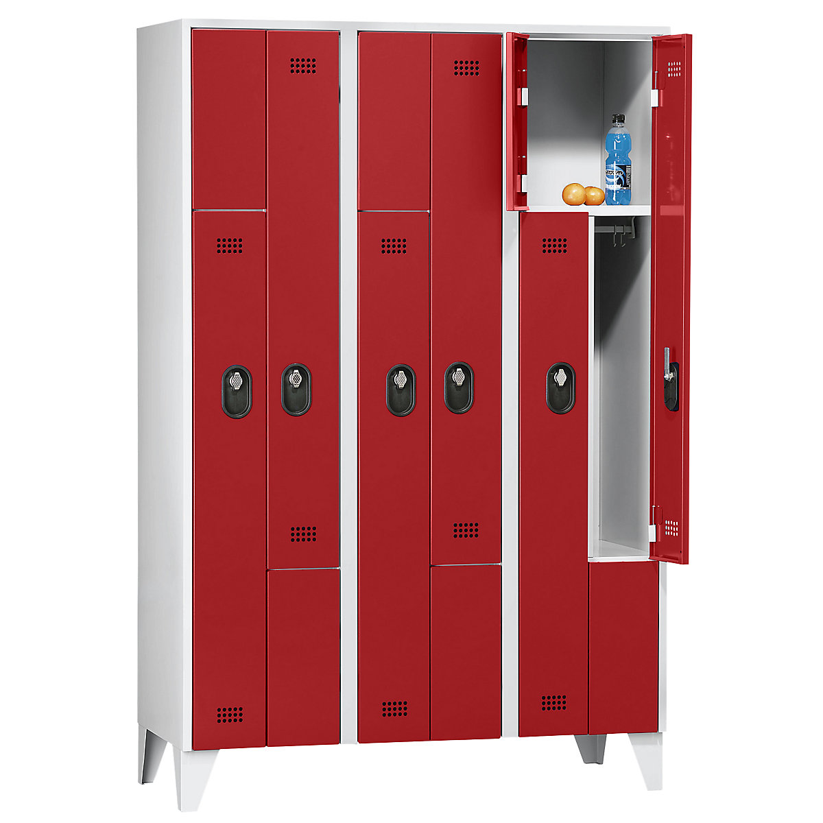 Z cloakroom cupboard, compartment height 820 mm – Wolf, HxWxD 1850 x 1200 x 500 mm, compartment width 400 mm, body / door colour light grey / flame red-4