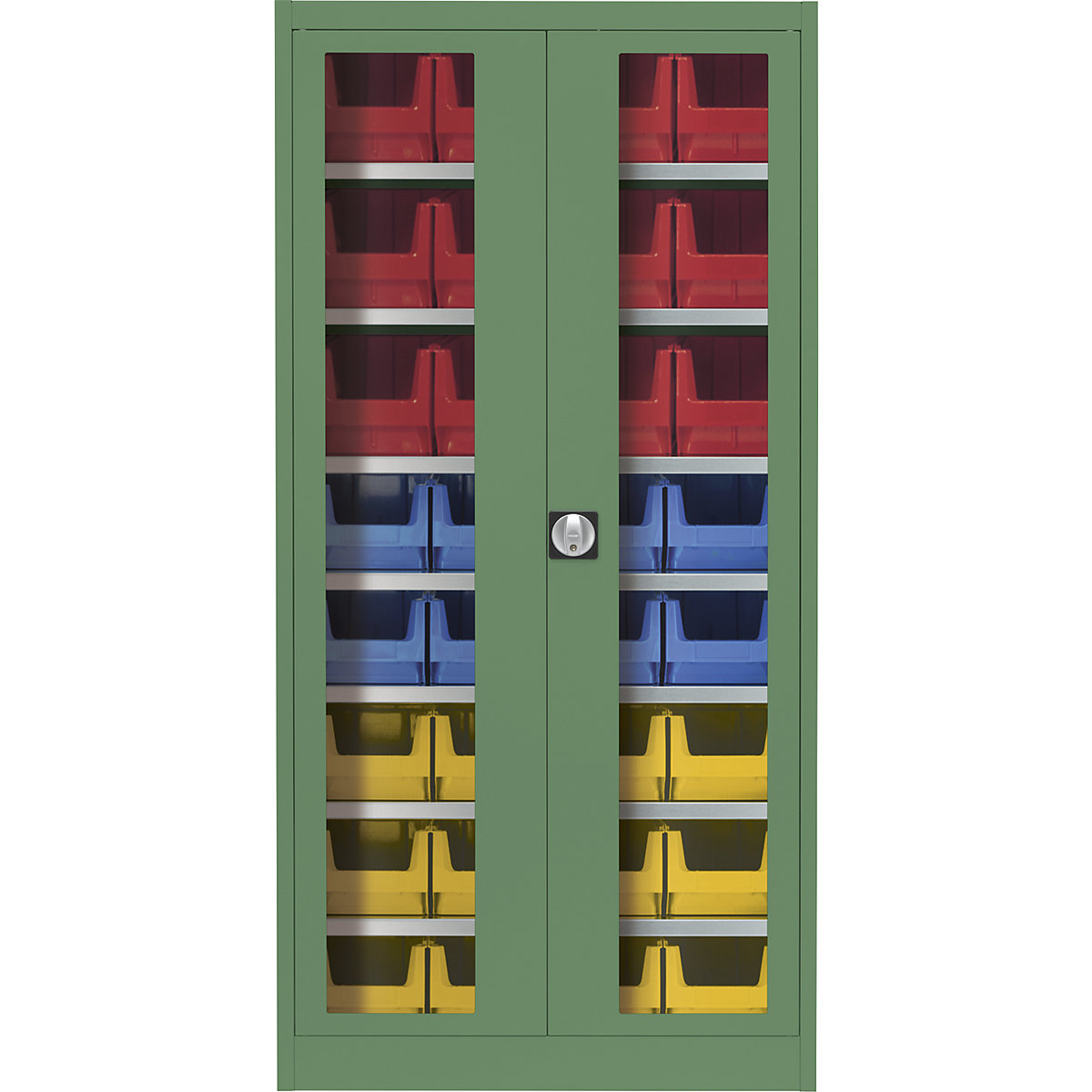 Sichtfenster-Flügeltürenschrank mauser, mit 32 Sichtlagerkästen, resedagrün-3