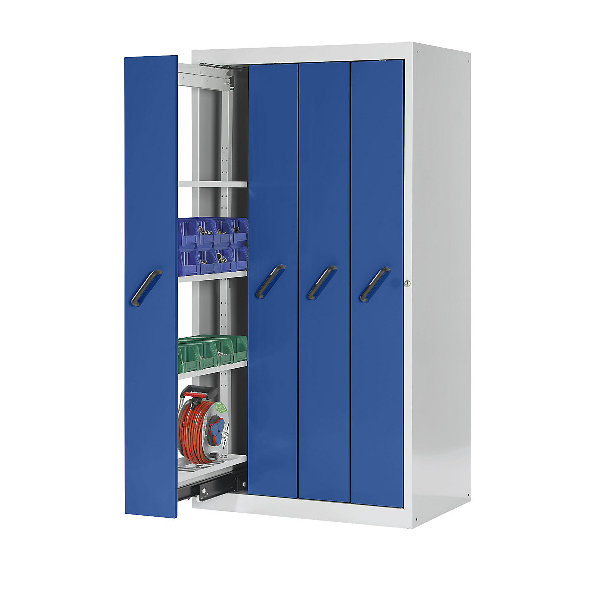 LISTA Vertikalauszugschrank mit Frontblenden, mit 4 Ablageböden, 4 Auszüge, grau / blau