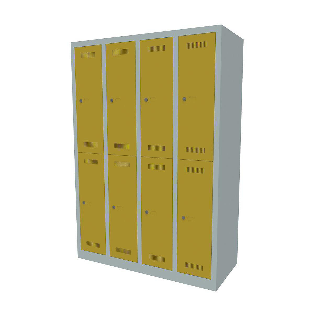 BISLEY MonoBloc™ Garderobenschrank, doppelstöckig, Breite 1183 mm, 4 Abteile, 8 Fächer, Korpusfarbe Lichtgrau, Türfarbe Gelb