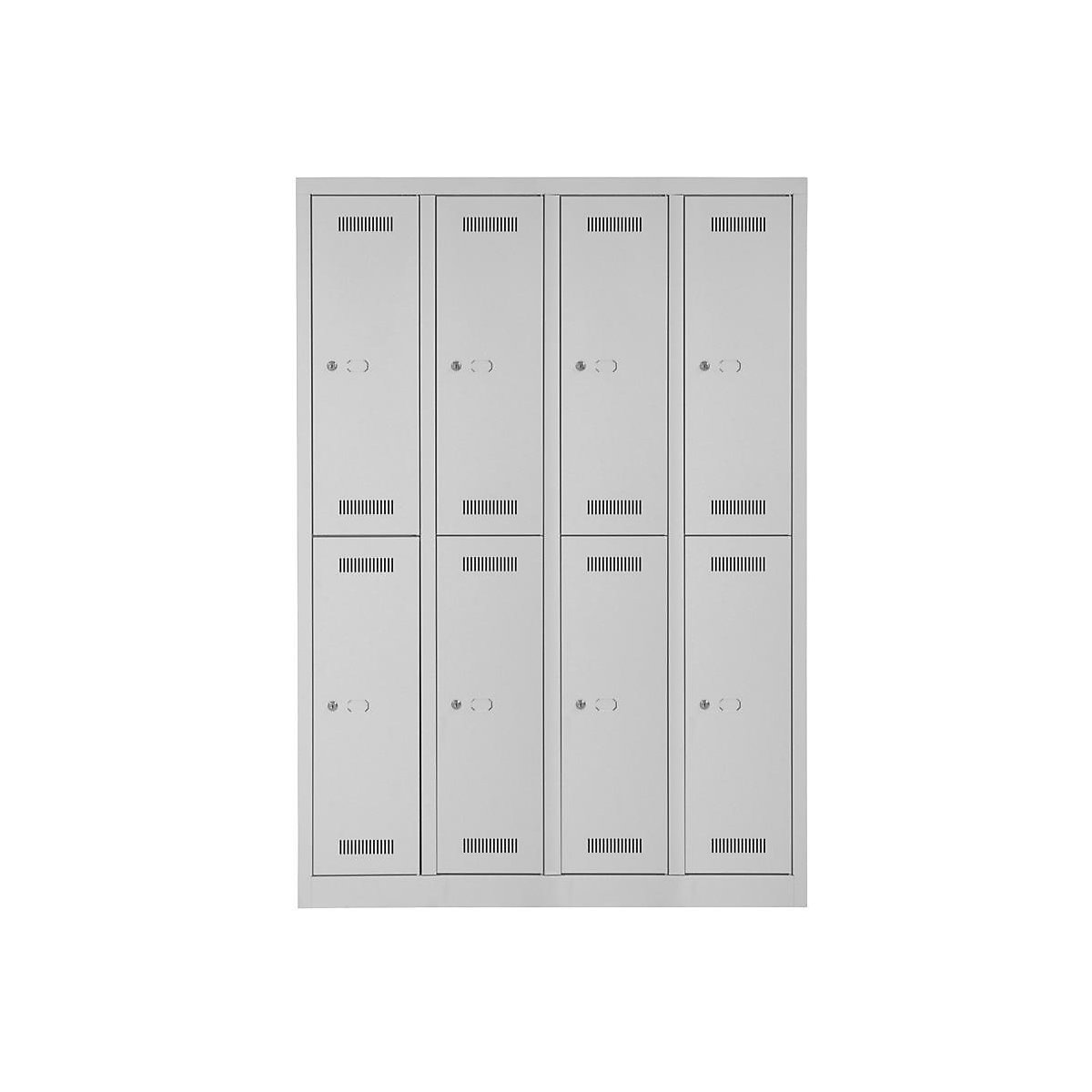 BISLEY MonoBloc™ Garderobenschrank, doppelstöckig, Breite 1183 mm, 4 Abteile, 8 Fächer, Korpusfarbe Lichtgrau, Türfarbe Lichtgrau