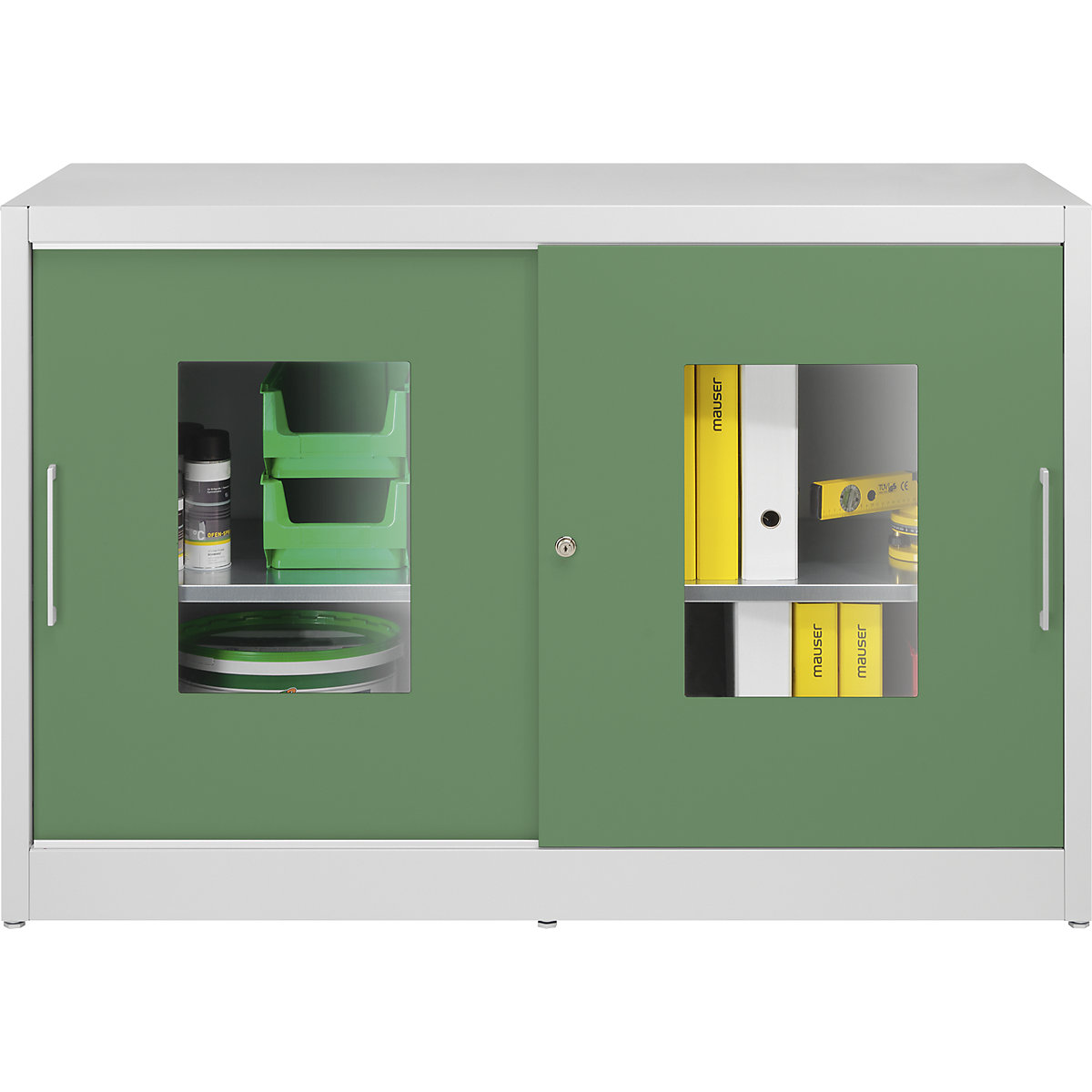 Sichtfenster-Schiebetürschrank mauser, mit 2 x 2 Fachböden, HxB 1000 x 1500 mm, Tiefe 600 mm, Türfarbe Resedagrün-5