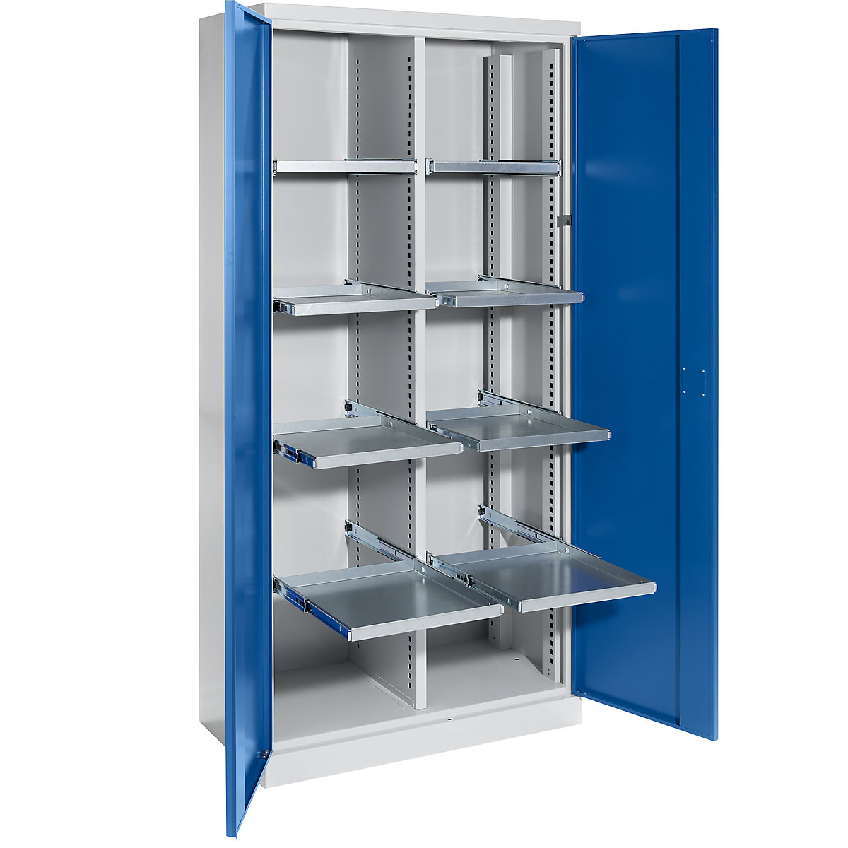 EUROKRAFTpro Materialschrank, Breite 950 mm, 8 Ausziehböden, 1 Mitteltrennwand, Tür enzianblau