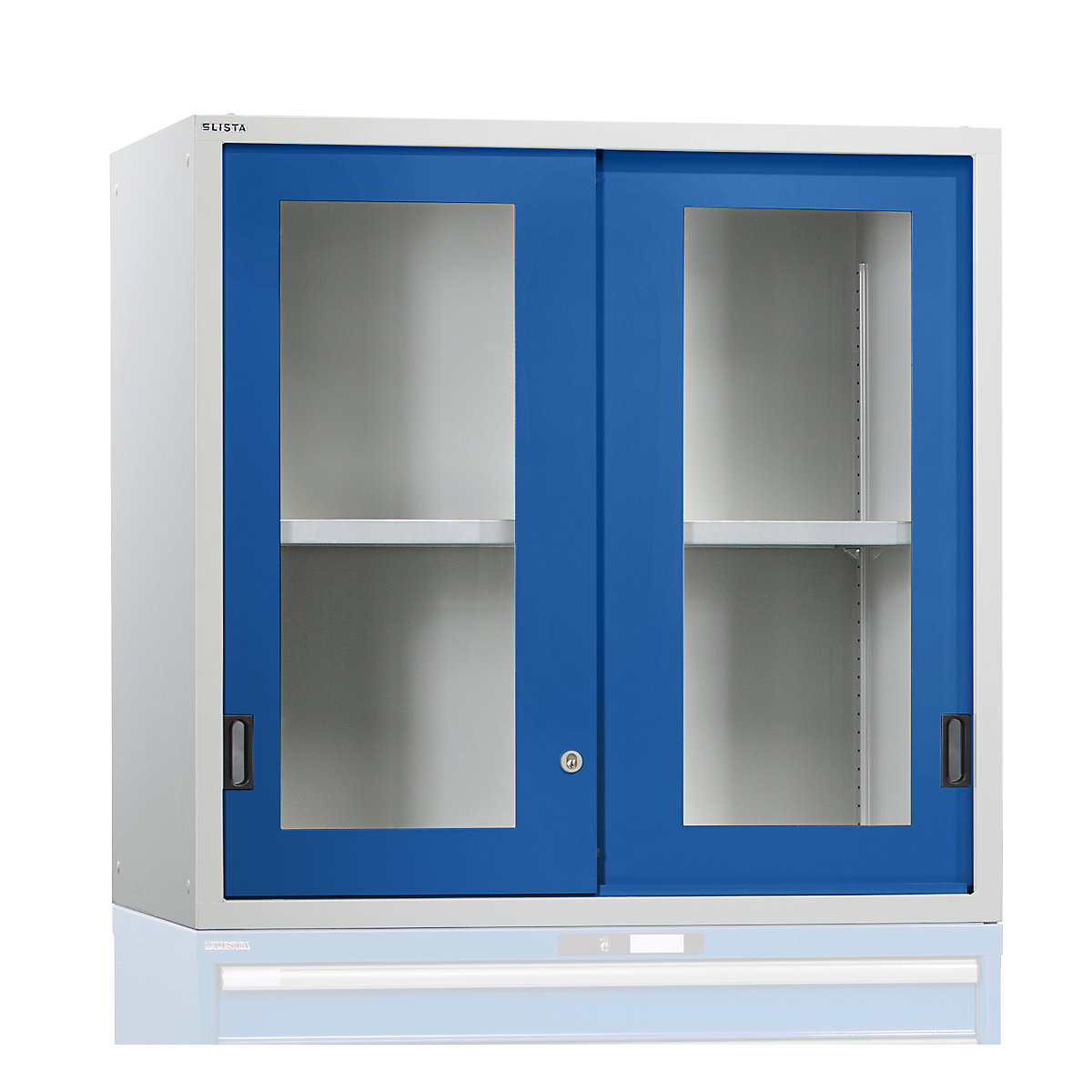 LISTA Aufsatzschrank mit Schiebetüren, Türen mit Sichtfenster, HxBxT 1000 x 1023 x 725 mm, enzianblau