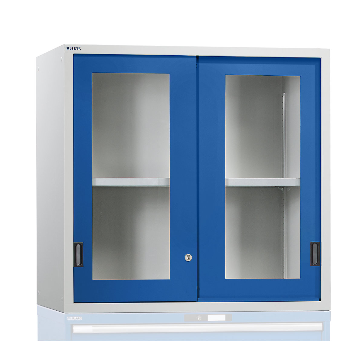 LISTA Aufsatzschrank mit Schiebetüren, Türen mit Sichtfenster, HxBxT 1000 x 1431 x 725 mm, enzianblau