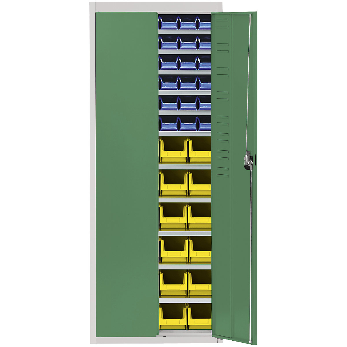 Magazijnkast met magazijnbakken – mauser, h x b x d = 1740 x 680 x 280 mm, tweekleurig, kastframe grijs, deuren groen, 60 bakken-6