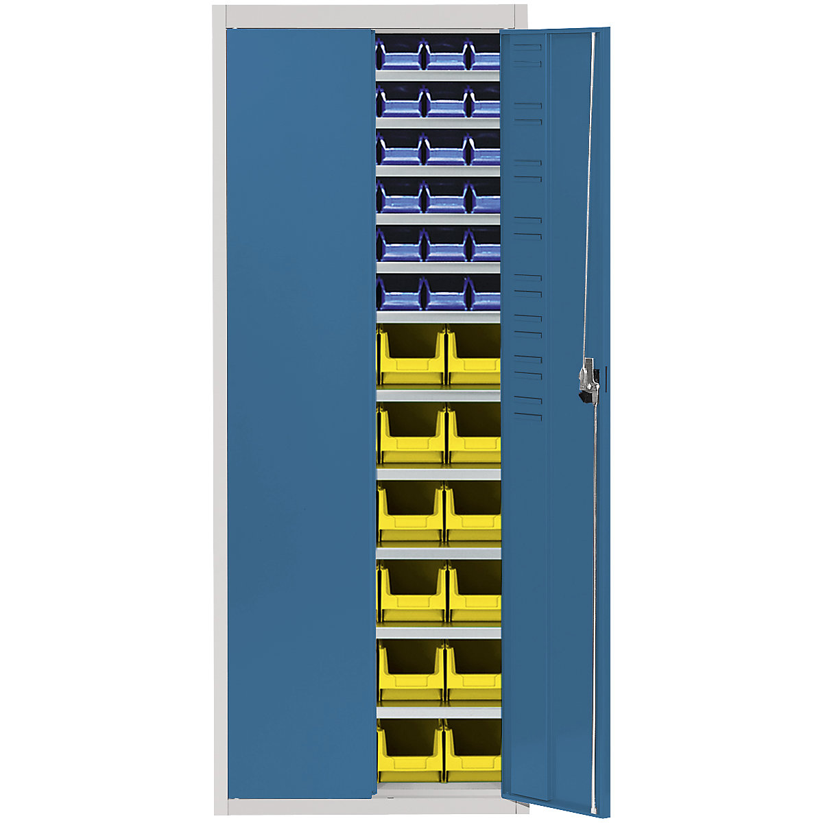 Magazijnkast met magazijnbakken – mauser, h x b x d = 1740 x 680 x 280 mm, tweekleurig, kastframe grijs, deuren blauw, 60 bakken-5