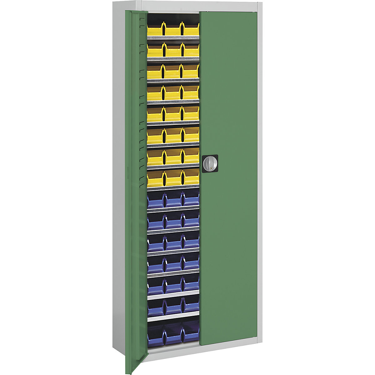 Magazijnkast met magazijnbakken – mauser, h x b x d = 1740 x 680 x 280 mm, tweekleurig, kastframe grijs, deuren groen, 90 bakken-3