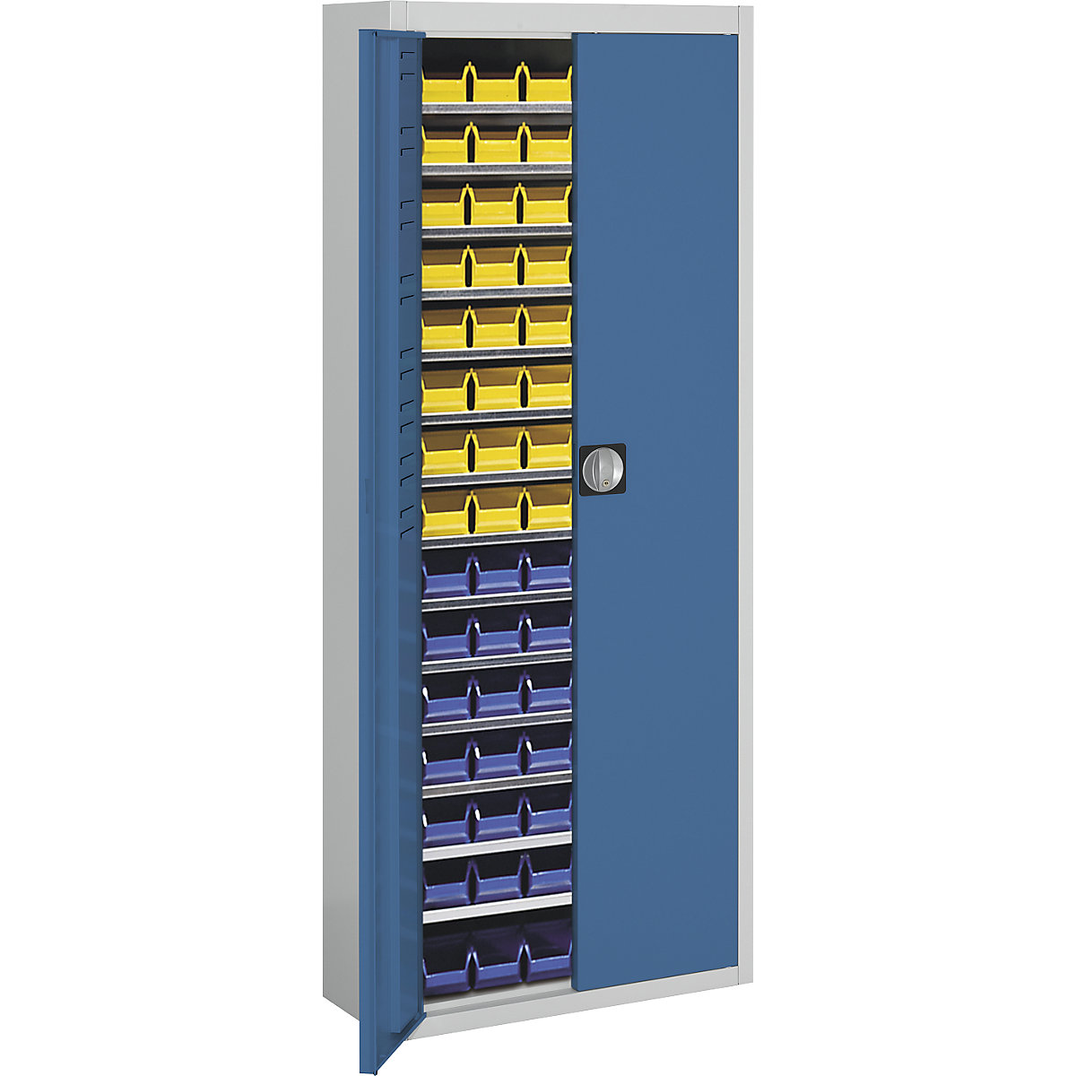 Magazijnkast met magazijnbakken – mauser, h x b x d = 1740 x 680 x 280 mm, tweekleurig, kastframe grijs, deuren blauw, 90 bakken-2