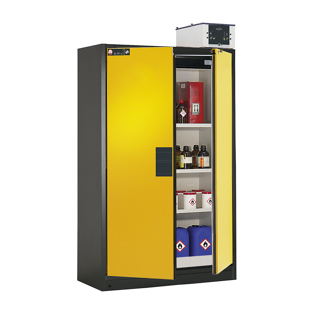 Brandveiligheids-opslagkast voor gevaarlijke stoffen type 90, halfautomatisch – asecos, met 3 legborden, deur geel-13