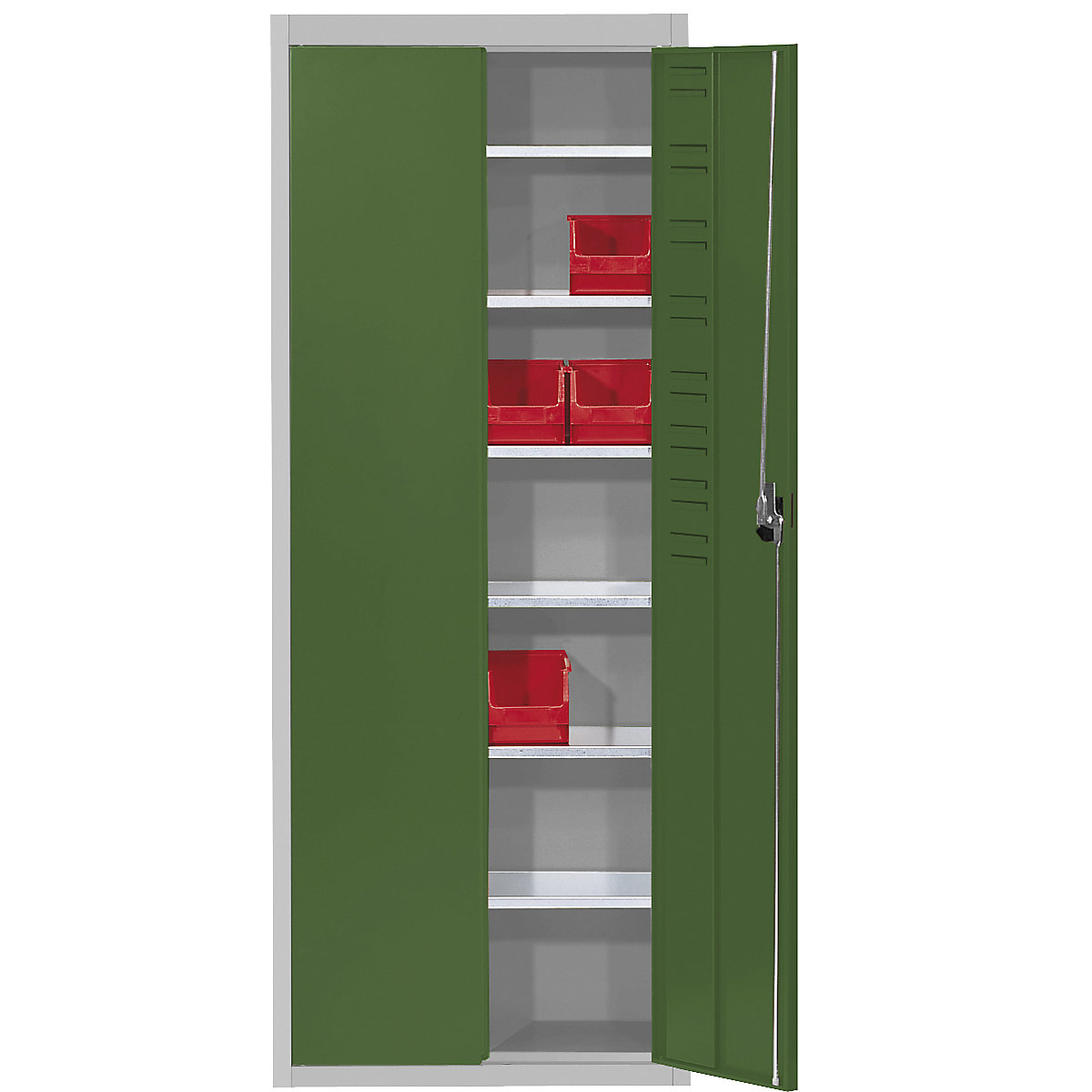 Magazijnkast, zonder magazijnbakken – mauser, h x b x d = 1740 x 680 x 280 mm, tweekleurig, kastframe grijs, deuren groen-6