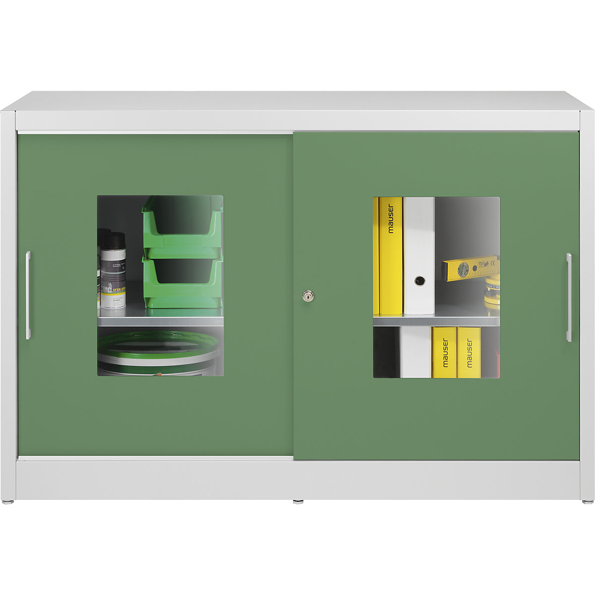 Schuifdeurkast met zichtvenster – mauser, met 2 x 2 legborden, h x b = 1000 x 1500 mm, diepte 500 mm, deurkleur resedagroen-3