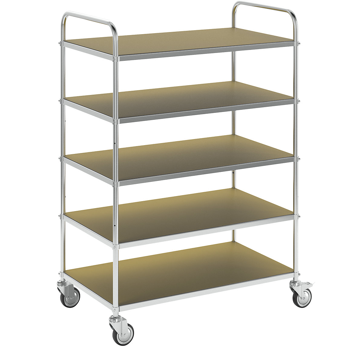 Carrello a ripiani ESD – Kongamek, lungh. x largh. x alt. 980 x 585 x 1445 mm, 5 ripiani, 4 rotelle pivottanti, 2 con fermo-2