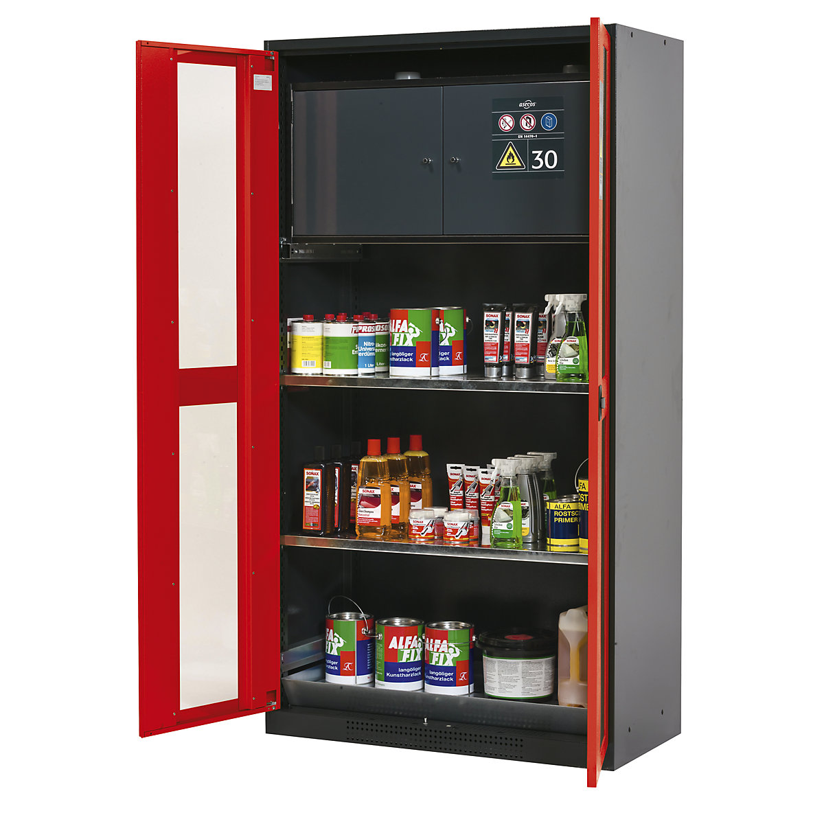 Chemical storage cupboard – asecos, door with vision panels, with type 30 hazardous goods storage box, traffic red-3