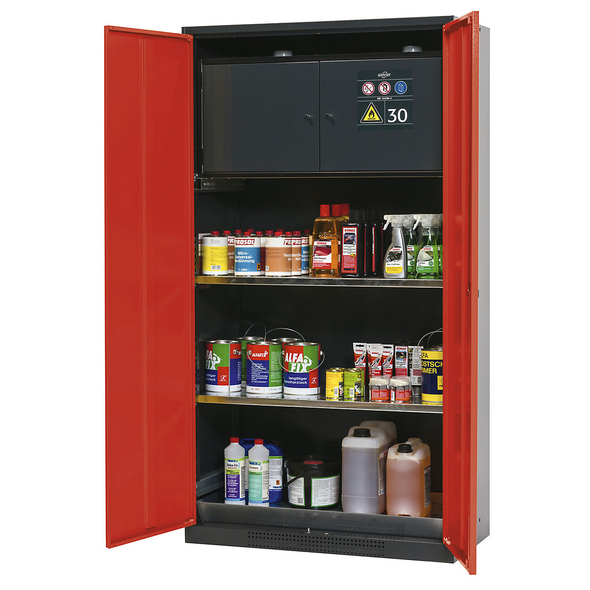 Chemical storage cupboard – asecos, solid door, with type 30 hazardous goods storage box, traffic red-2