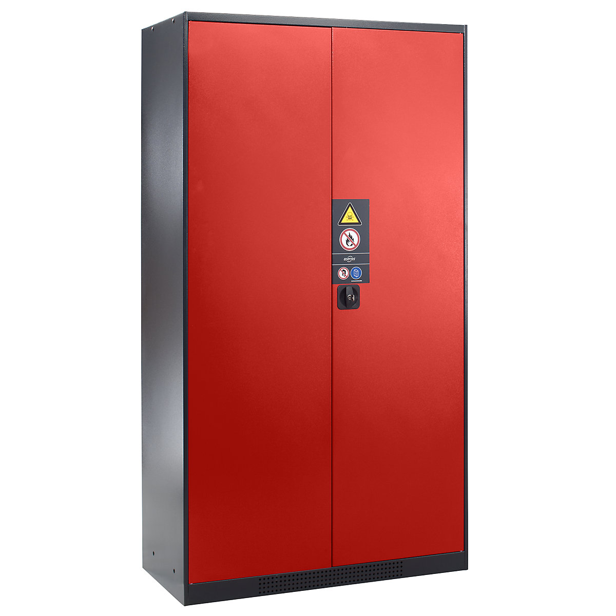 Chemical storage cupboard – asecos, solid door, 3 shelves, traffic red-3