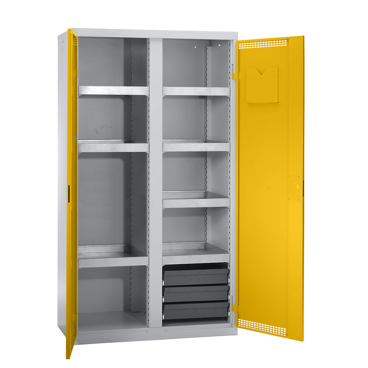 Environmental cupboard with door perforations, HxWxD 1800 x 1000 x 500 mm, 7 tray shelves, light grey / signal yellow-5