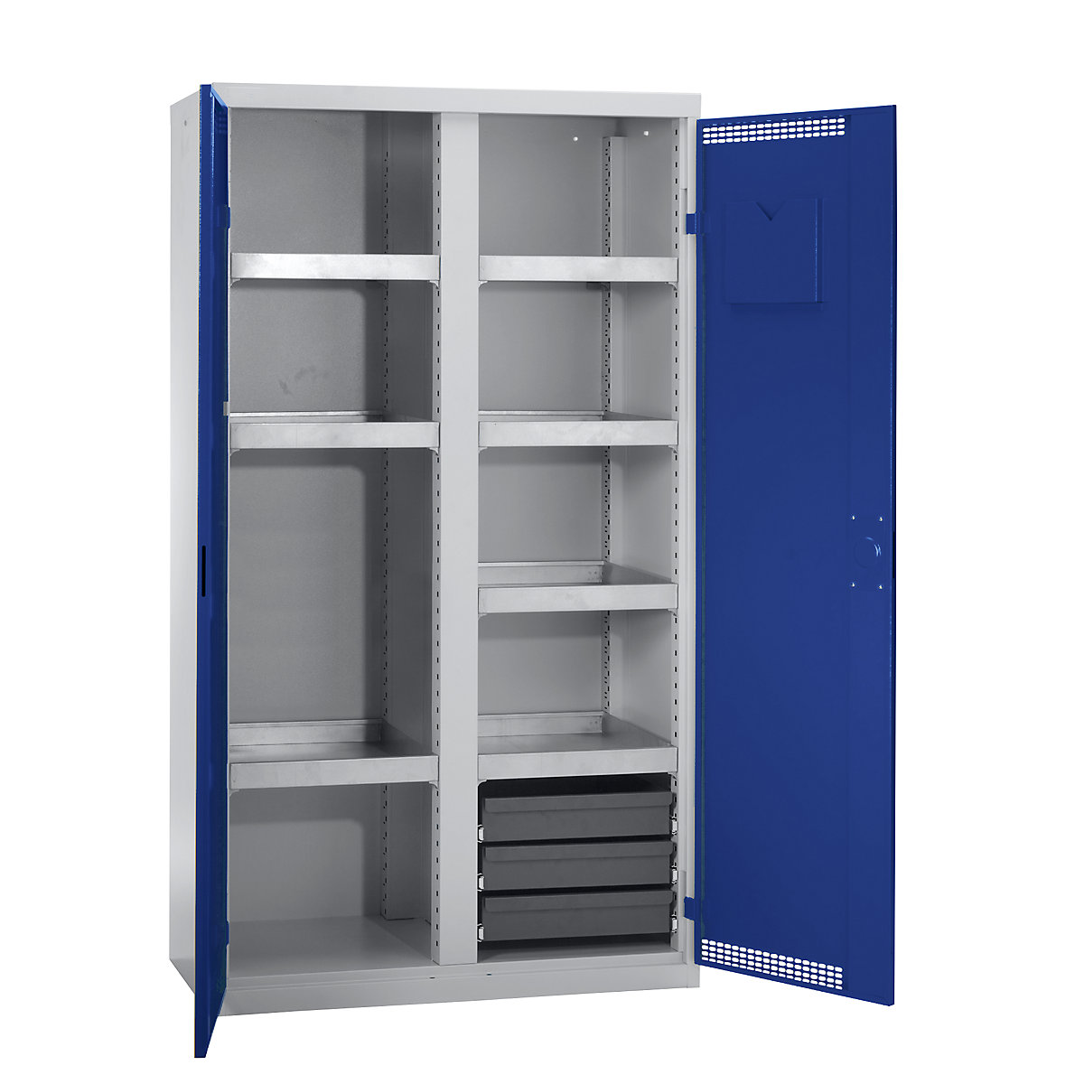 Environmental cupboard with door perforations, HxWxD 1800 x 1000 x 500 mm, 7 tray shelves, light grey / gentian blue-4