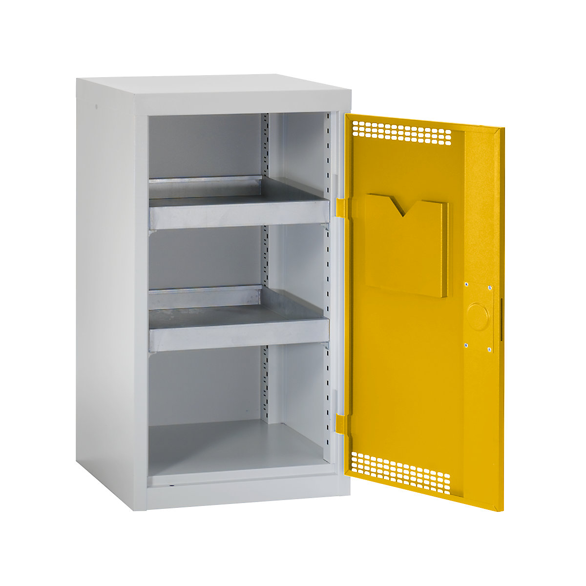 Environmental cupboard with door perforations, HxWxD 900 x 500 x 500 mm, 2 tray shelves, light grey / signal yellow-5