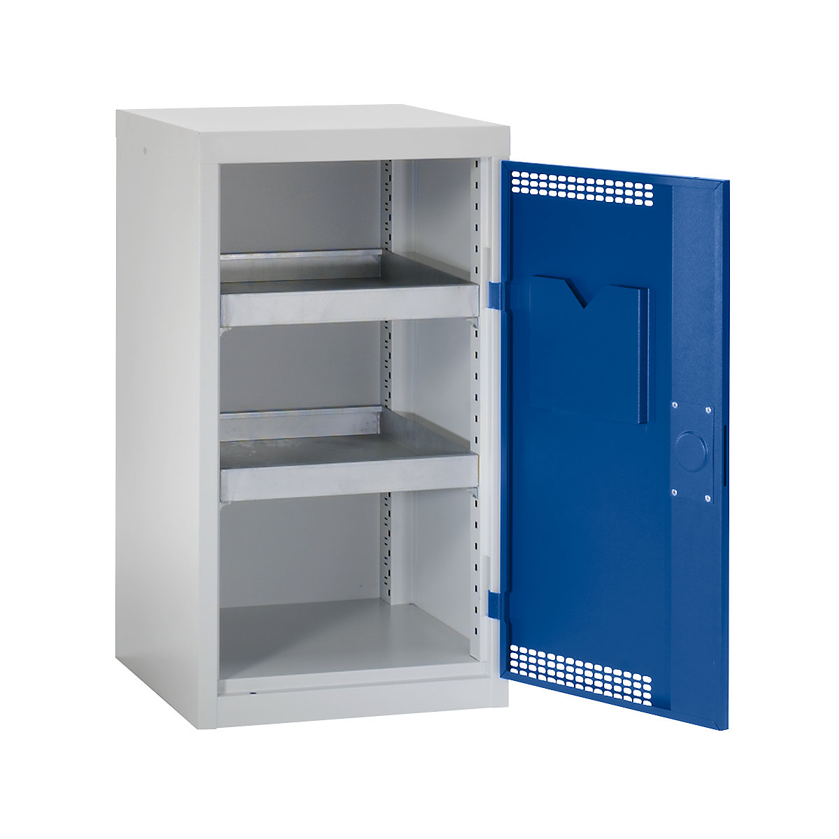 Environmental cupboard with door perforations, HxWxD 900 x 500 x 500 mm, 2 tray shelves, light grey / gentian blue-4