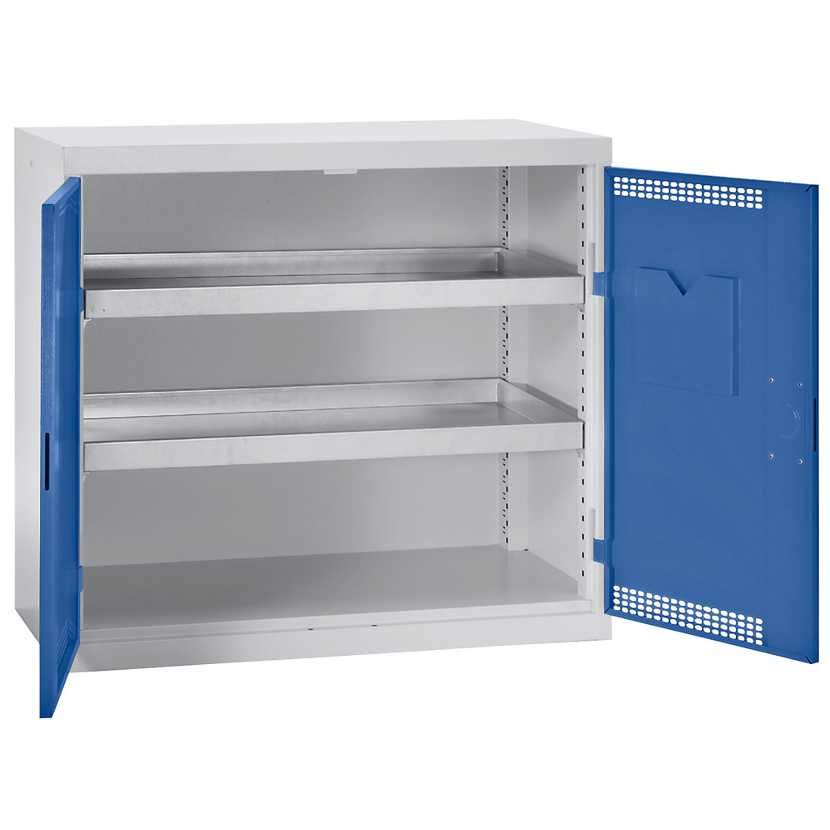 Environmental cupboard with door perforations, HxWxD 900 x 1000 x 500 mm, 2 tray shelves, light grey / gentian blue-5