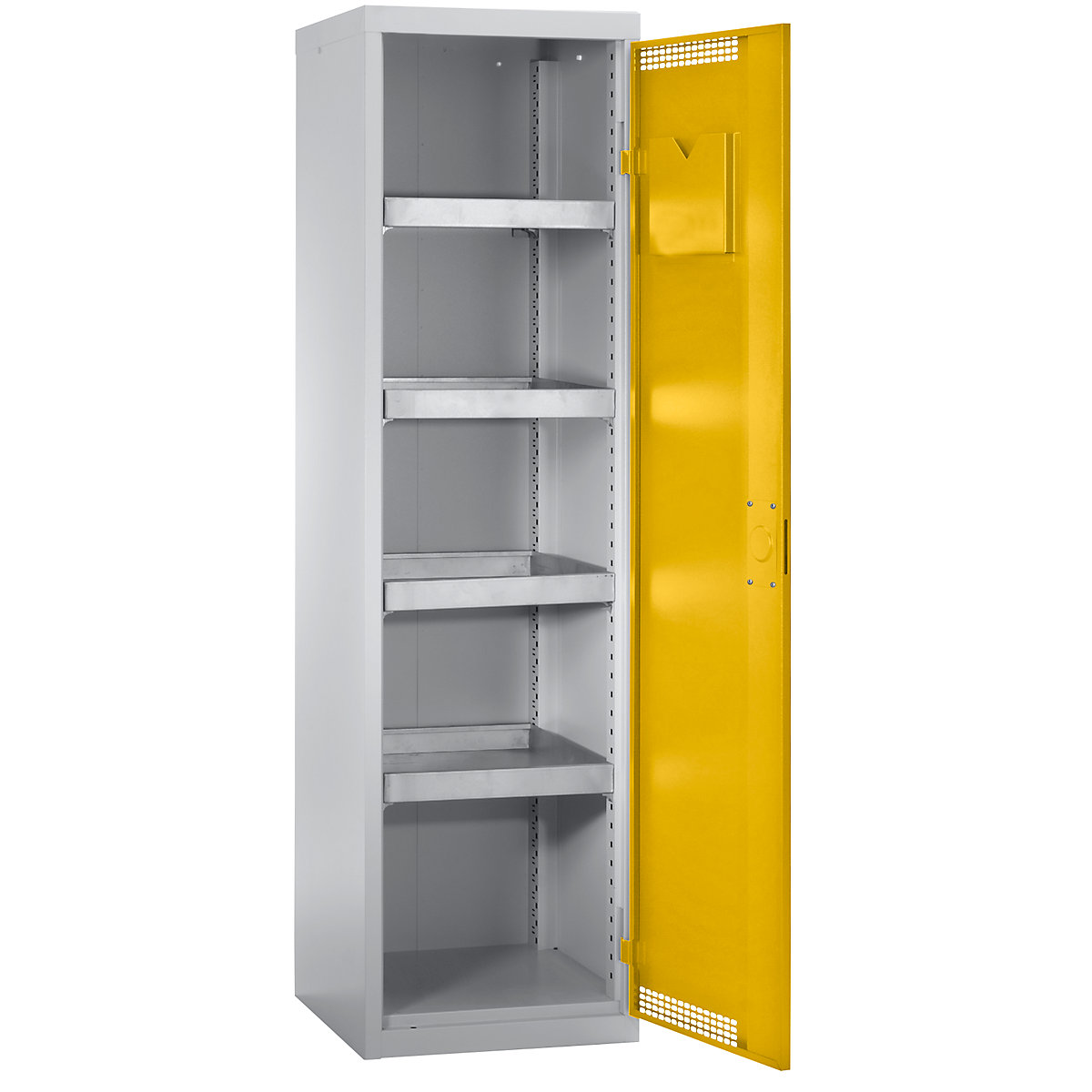 Environmental cupboard with door perforations, HxWxD 1800 x 500 x 500 mm, 4 tray shelves, light grey / signal yellow-4