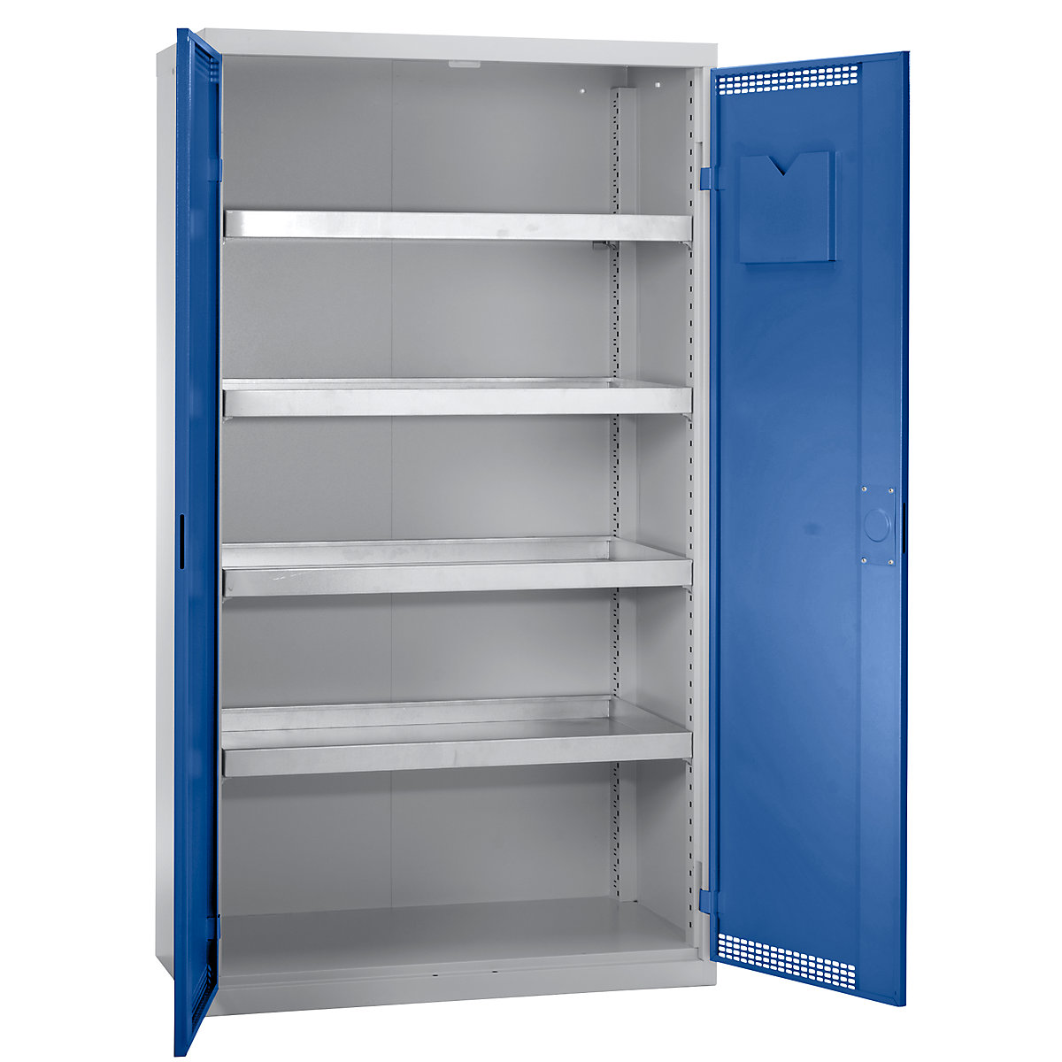 Environmental cupboard with door perforations, HxWxD 1800 x 1000 x 500 mm, 4 tray shelves, light grey / gentian blue-4