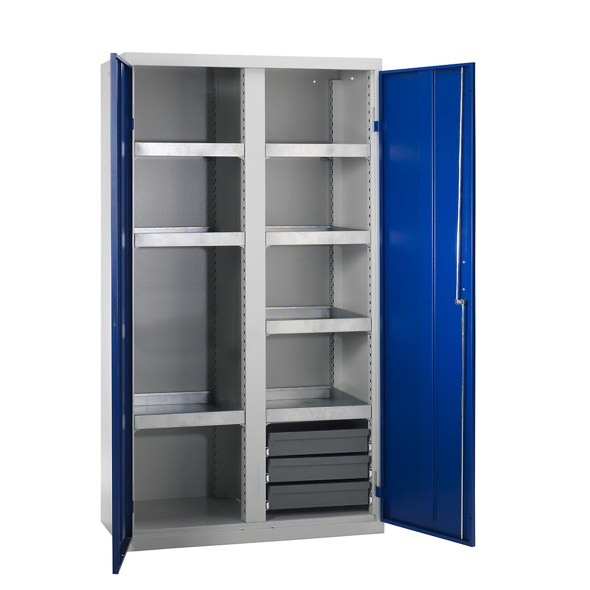 Environmental cupboard without door perforations, HxWxD 1800 x 1000 x 500 mm, 7 tray shelves, light grey / gentian blue-4