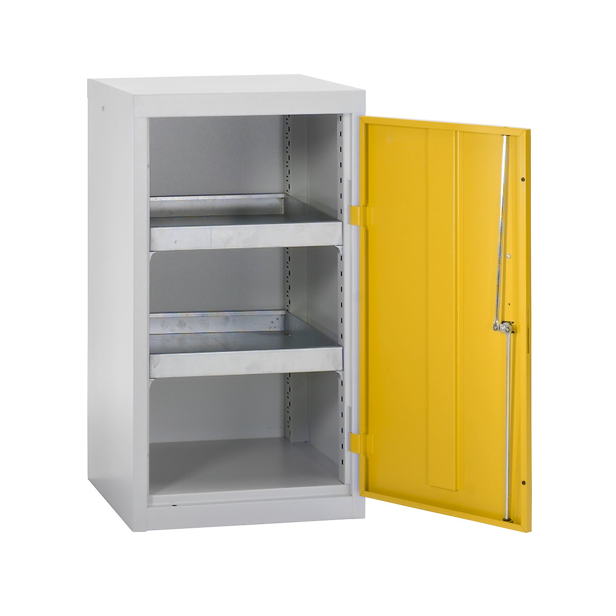 Environmental cupboard without door perforations, HxWxD 900 x 500 x 500 mm, 2 tray shelves, light grey / signal yellow-4