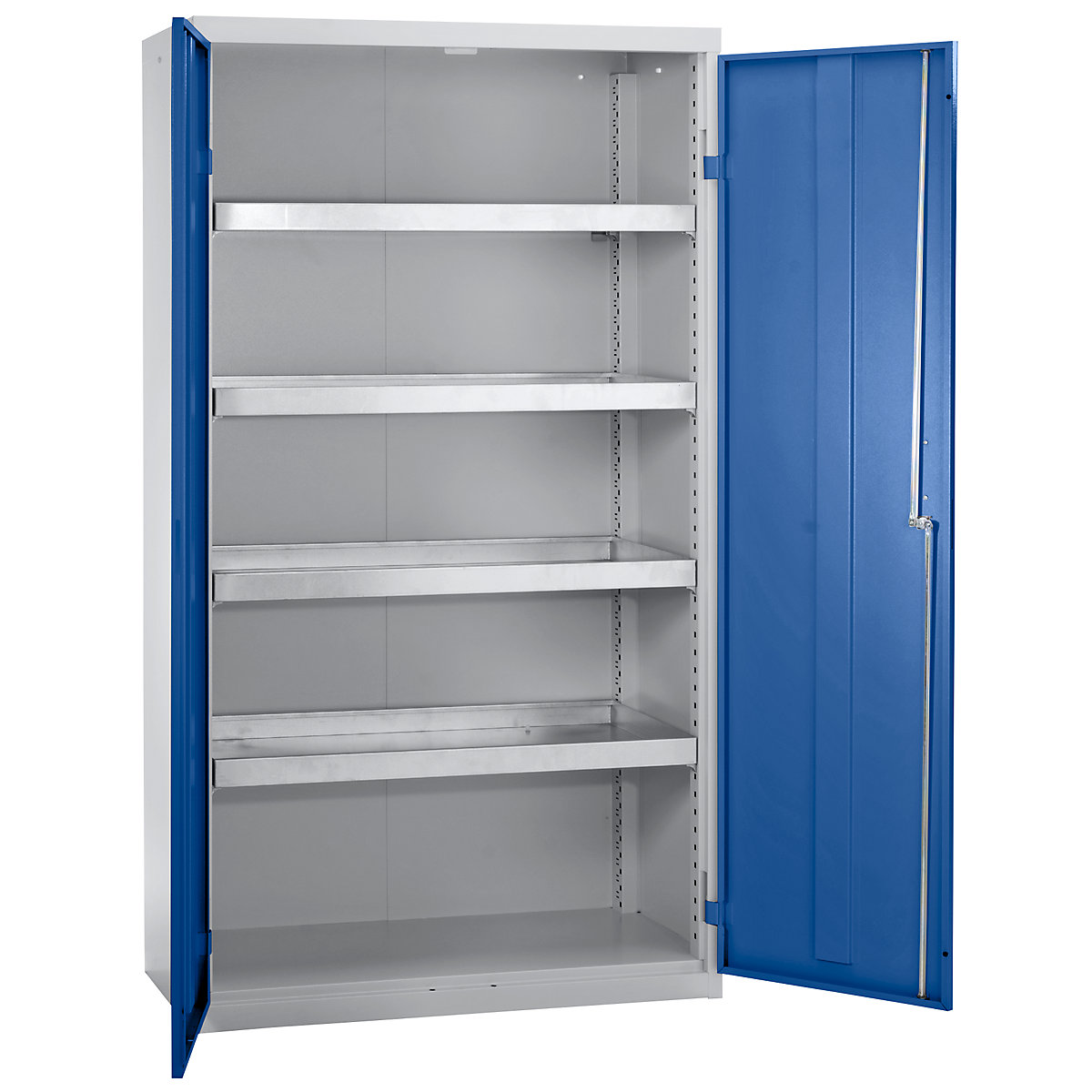 Environmental cupboard without door perforations, HxWxD 1800 x 1000 x 500 mm, 4 tray shelves, light grey / gentian blue-4
