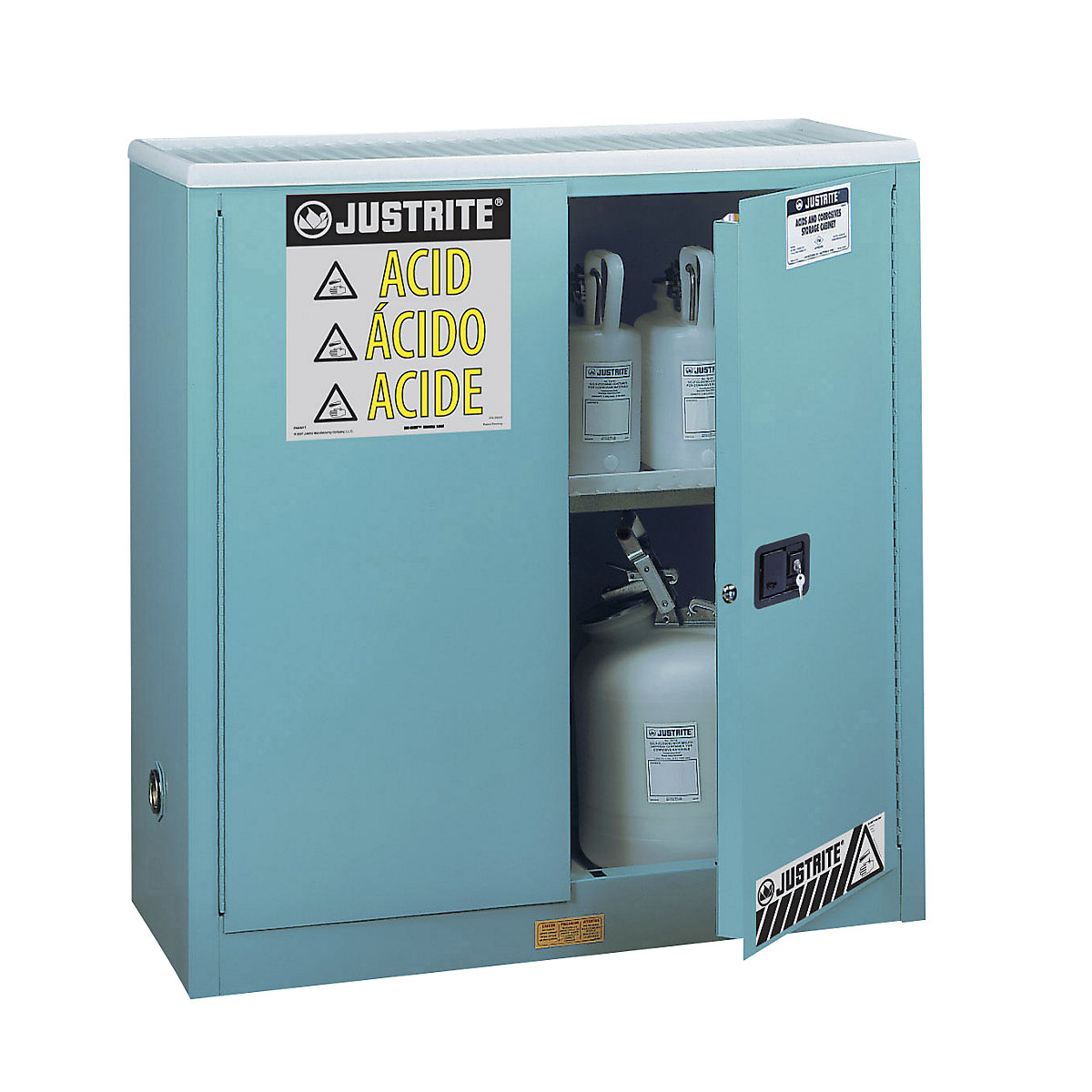 FM safety cupboards – Justrite, HxWxD 1118 x 1092 x 457 mm, manual doors, for acids, alkalis, blue-5