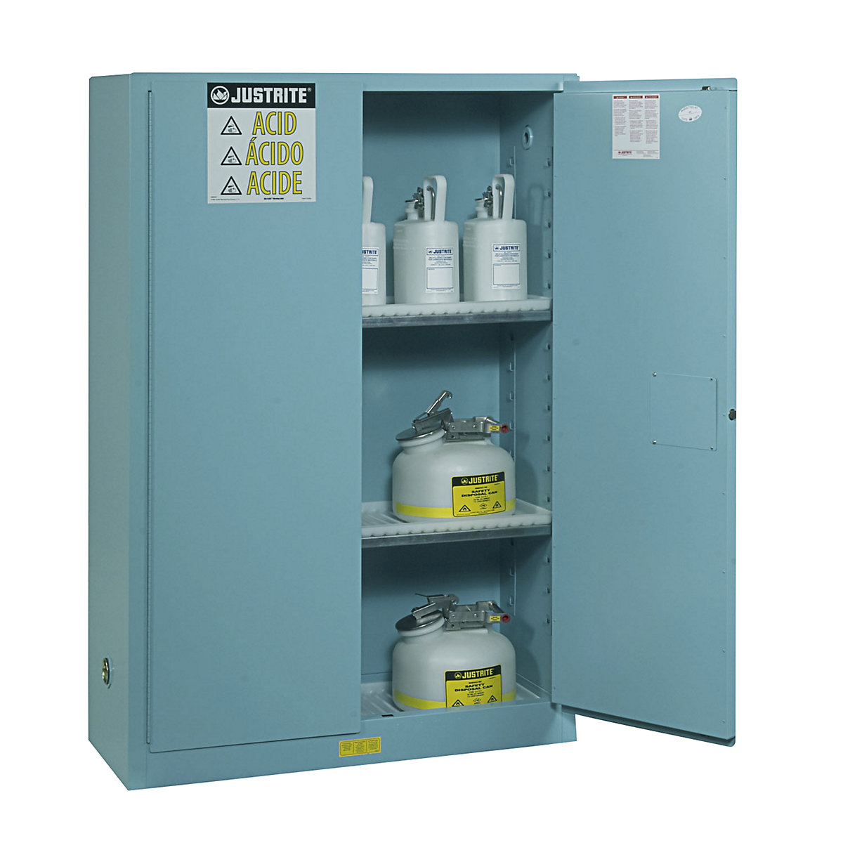 FM safety cupboards – Justrite, HxWxD 1651 x 1092 x 457 mm, manual doors, for acids, alkalis, blue-6