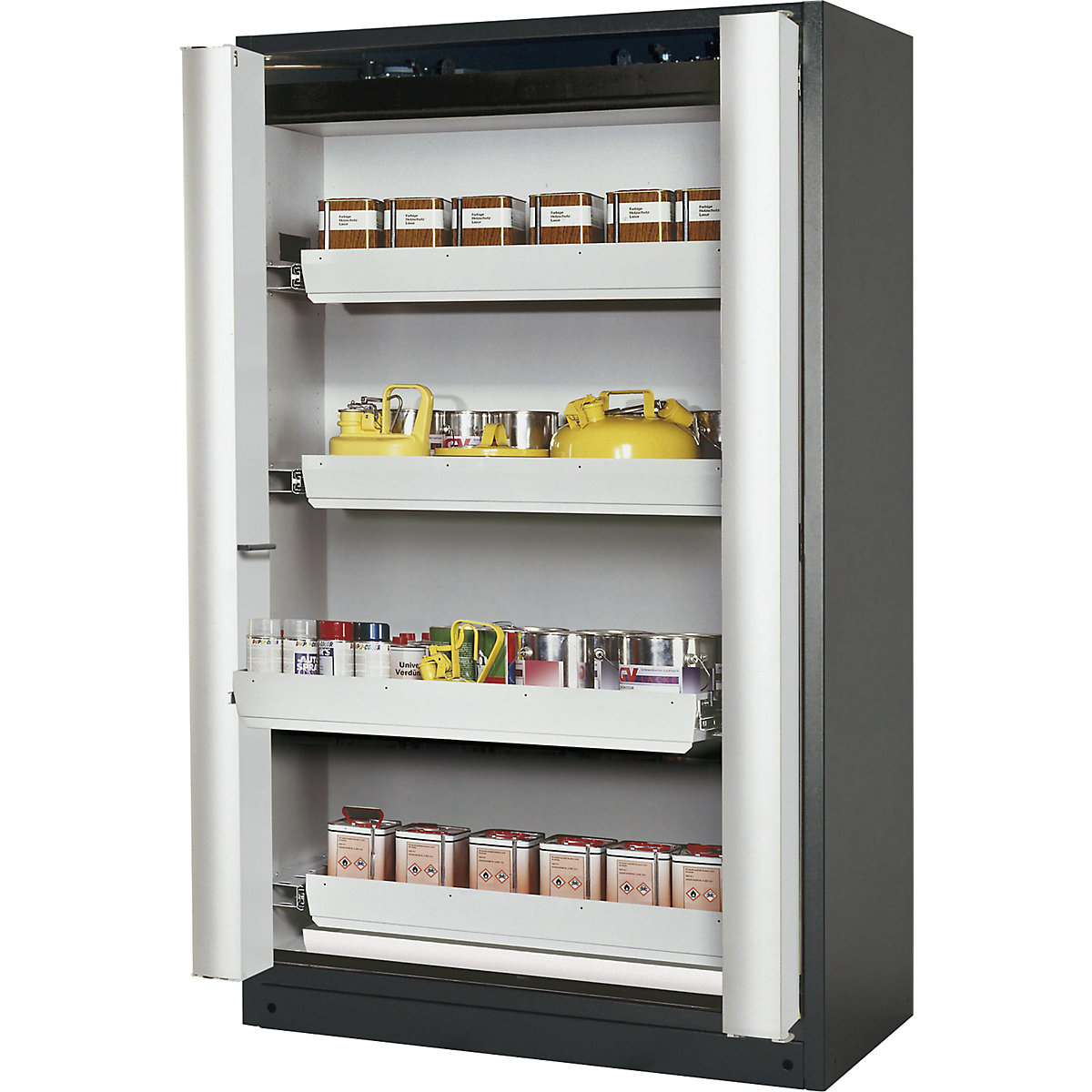 Fire resistant cupboard with folding doors for hazardous goods type 90 – asecos, with 4 drawers, door colour grey-12