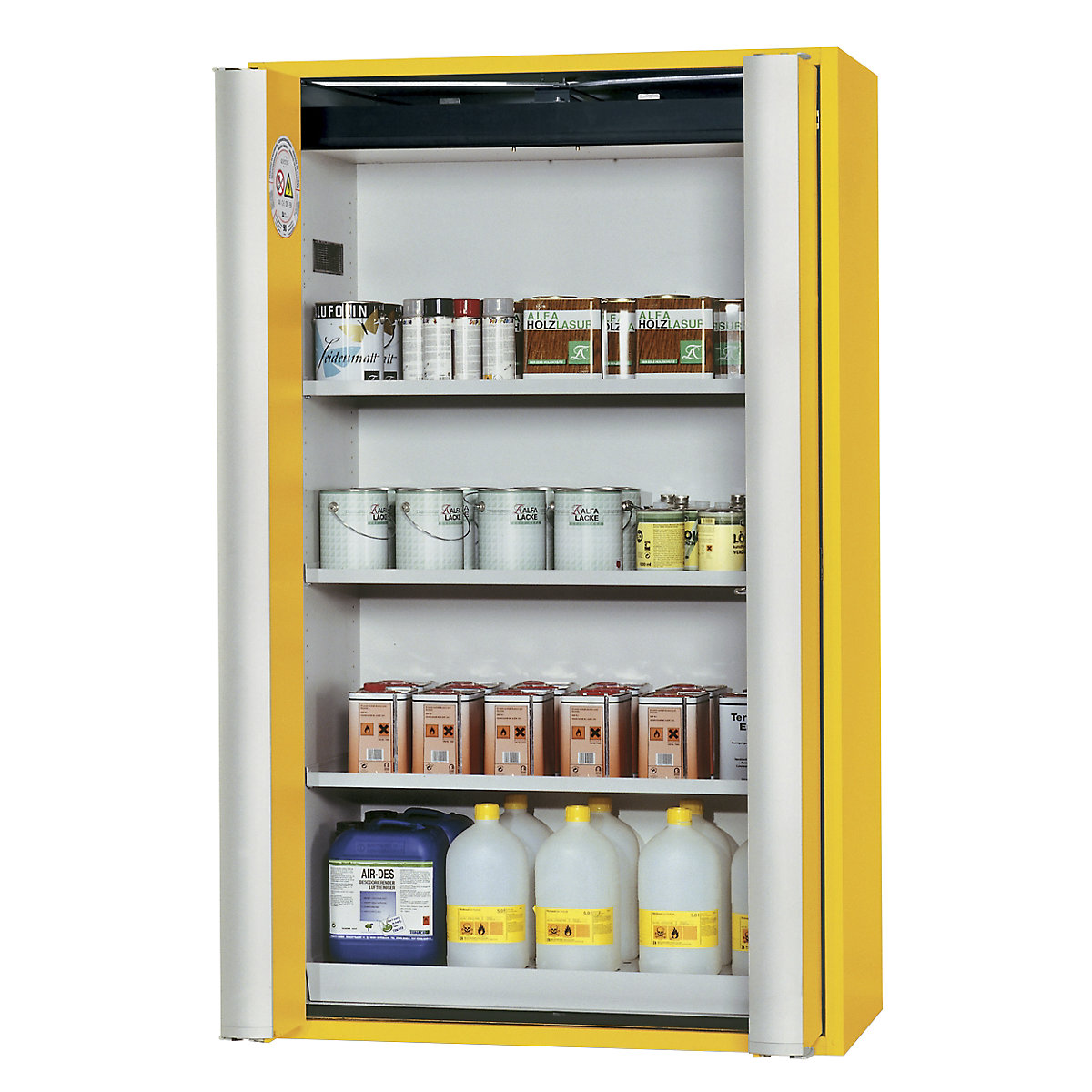 Fire resistant cupboard with folding doors for hazardous goods type 90, semi-automatic – asecos, with 3 shelves, gold yellow-9