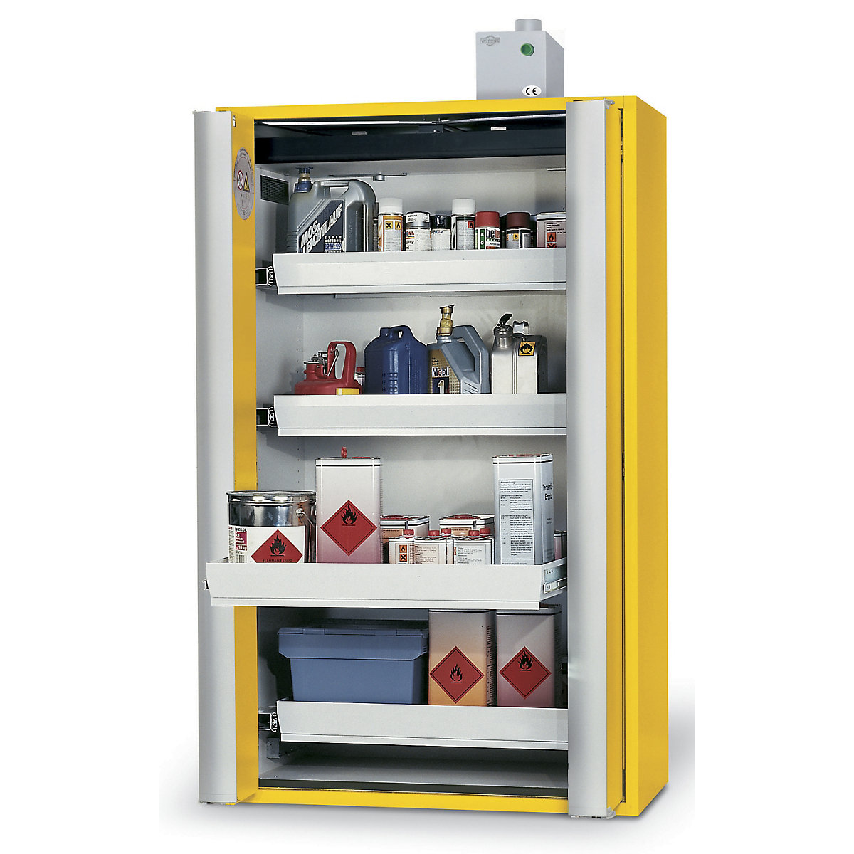 Fire resistant cupboard with folding doors for hazardous goods type 90, semi-automatic – asecos, with 4 drawers, gold yellow-9