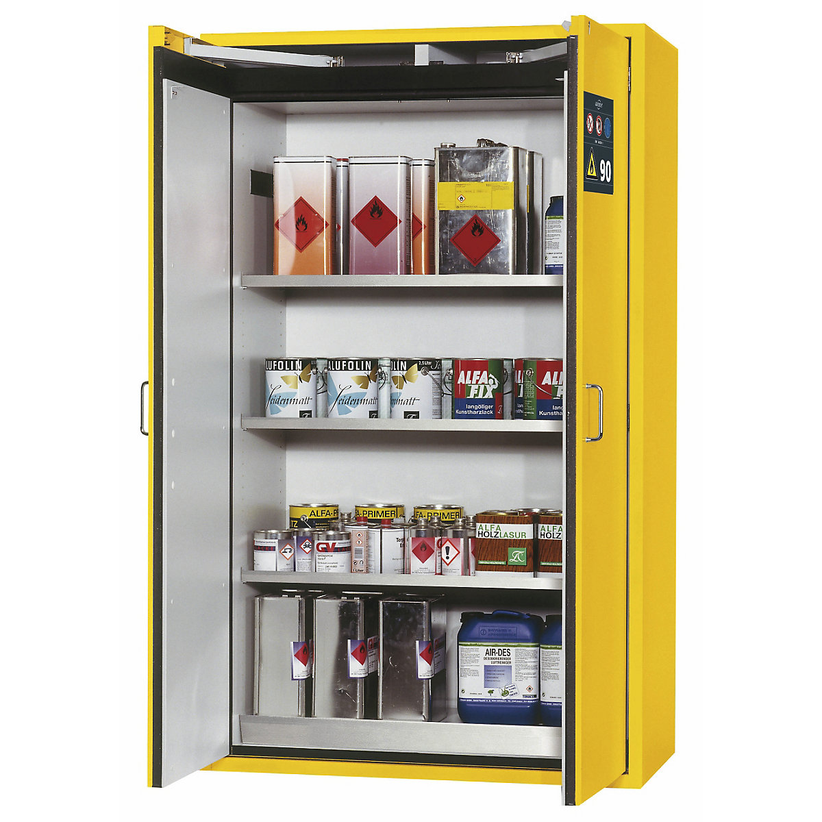 Fire resistant hazardous goods storage cupboard, type 90 – asecos, 2 doors, external HxWxD 1968 x 1200 x 615 mm, yellow, stainless steel-10