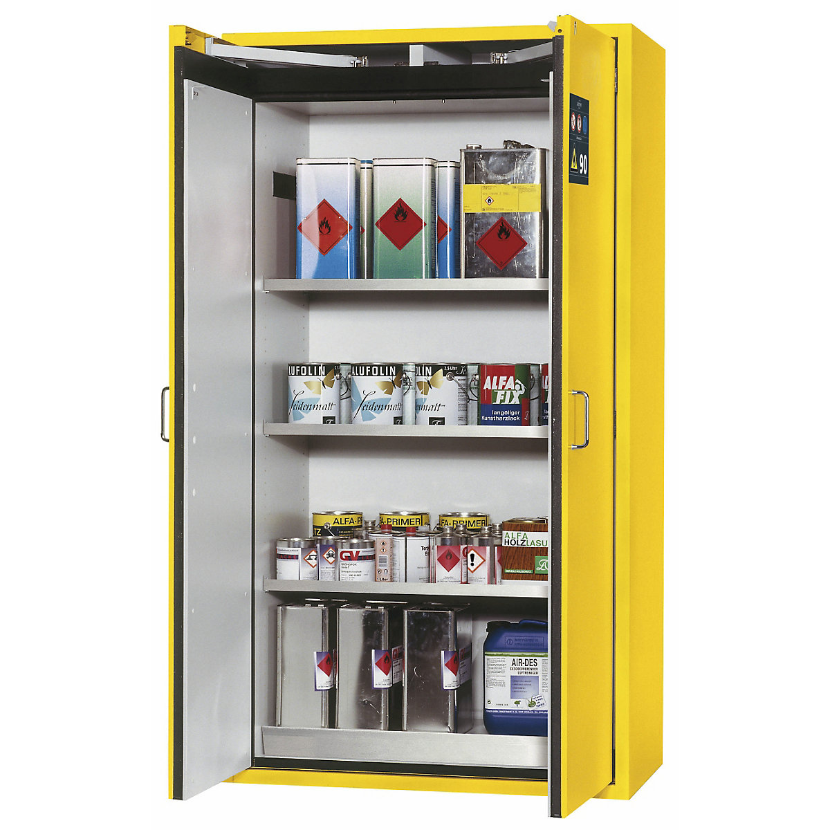 Fire resistant hazardous goods storage cupboard, type 90 – asecos, 2 doors, external HxWxD 1968 x 900 x 615 mm, yellow, stainless steel-10