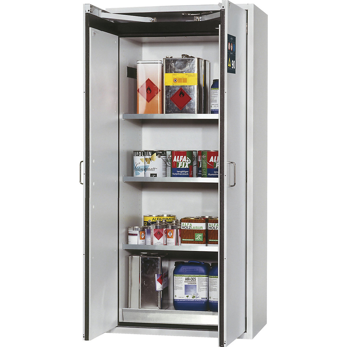 Fire resistant hazardous goods storage cupboard, type 90 – asecos, 2 doors, external HxWxD 1968 x 900 x 615 mm, grey, stainless steel-12