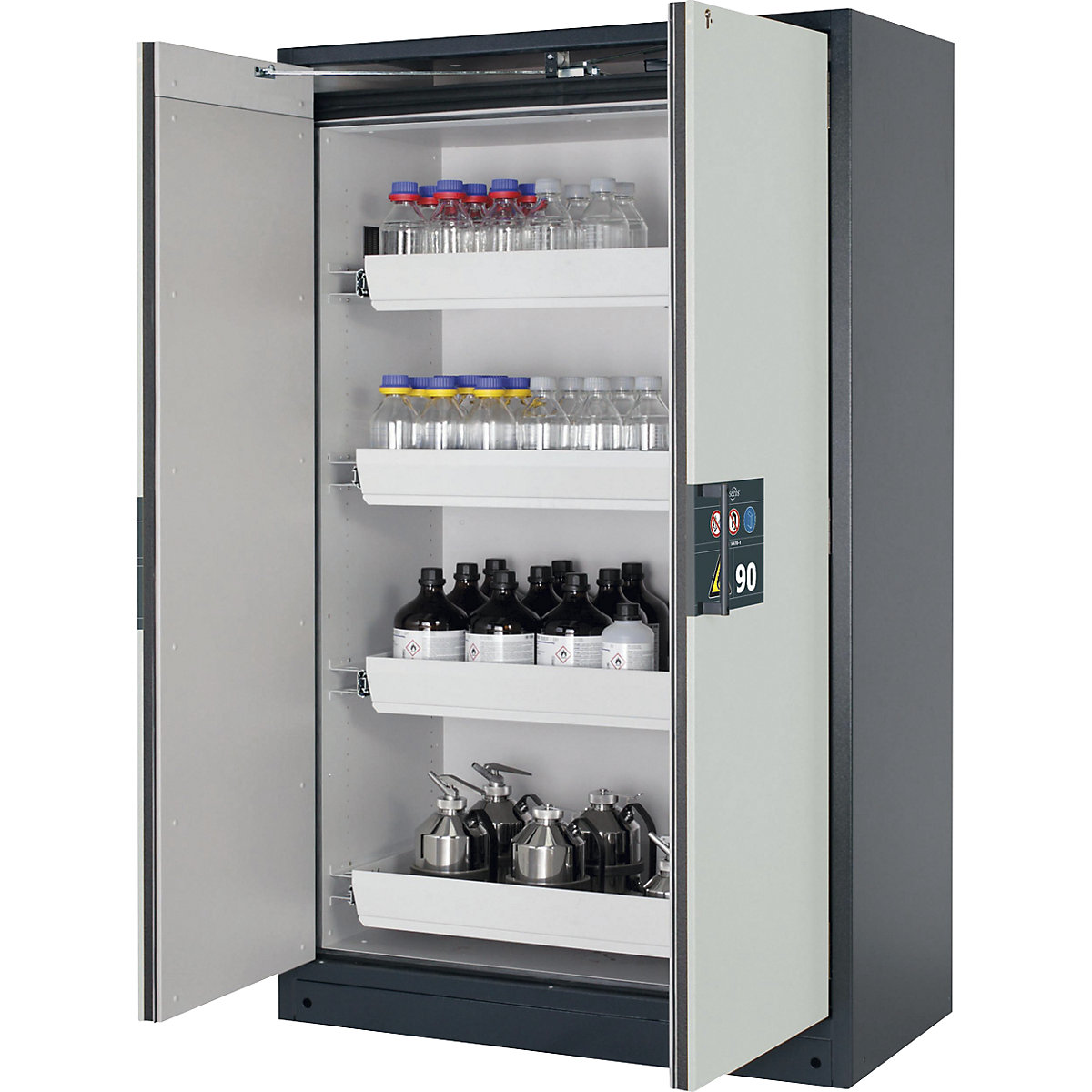 Fire resistant hazardous goods storage cupboard type 90, semi-automatic – asecos, with 4 drawers, door colour grey-13