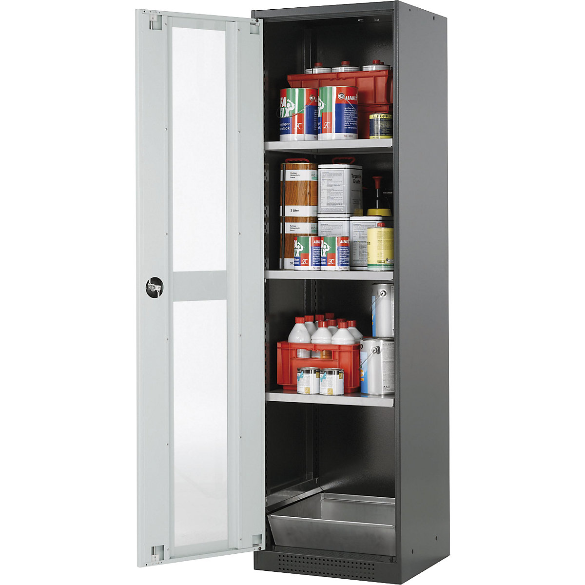 Laboratory chemical storage cupboard – asecos, 1 door, tall, 3 shelves, with vision panel, grey-1