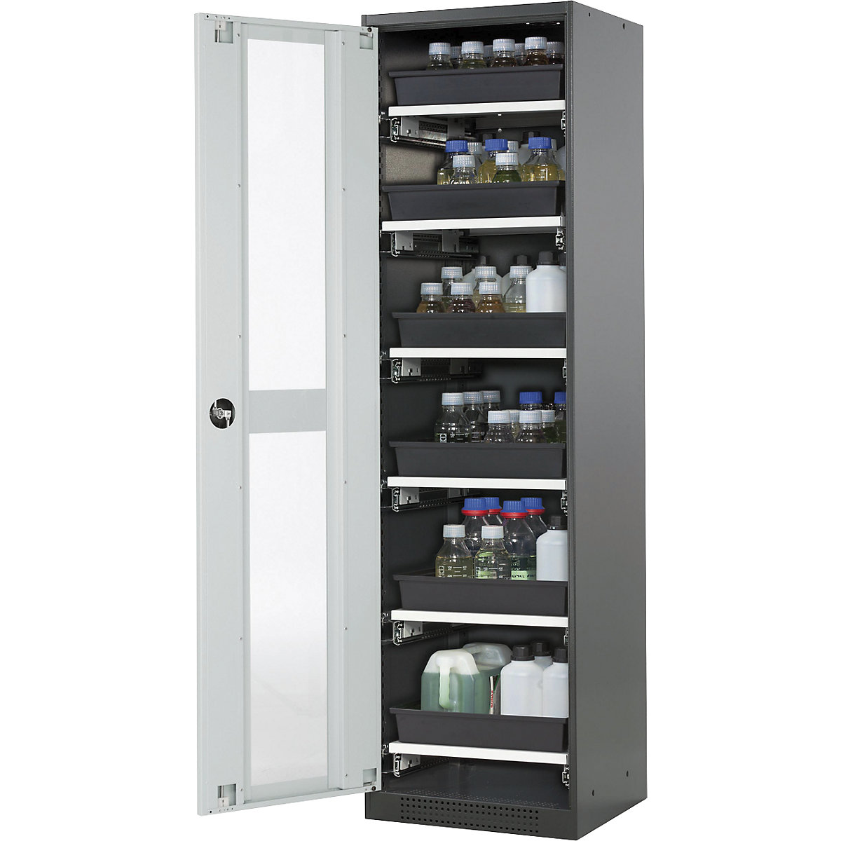 Laboratory chemical storage cupboard – asecos, 1 door, tall, 6 drawers, with vision panel, grey-2