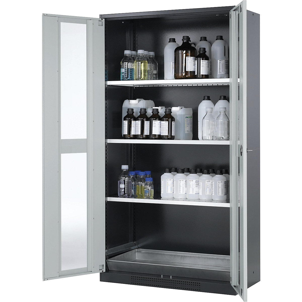 Laboratory chemical storage cupboard – asecos, 2 door, tall, 3 shelves, with vision panel, grey-3