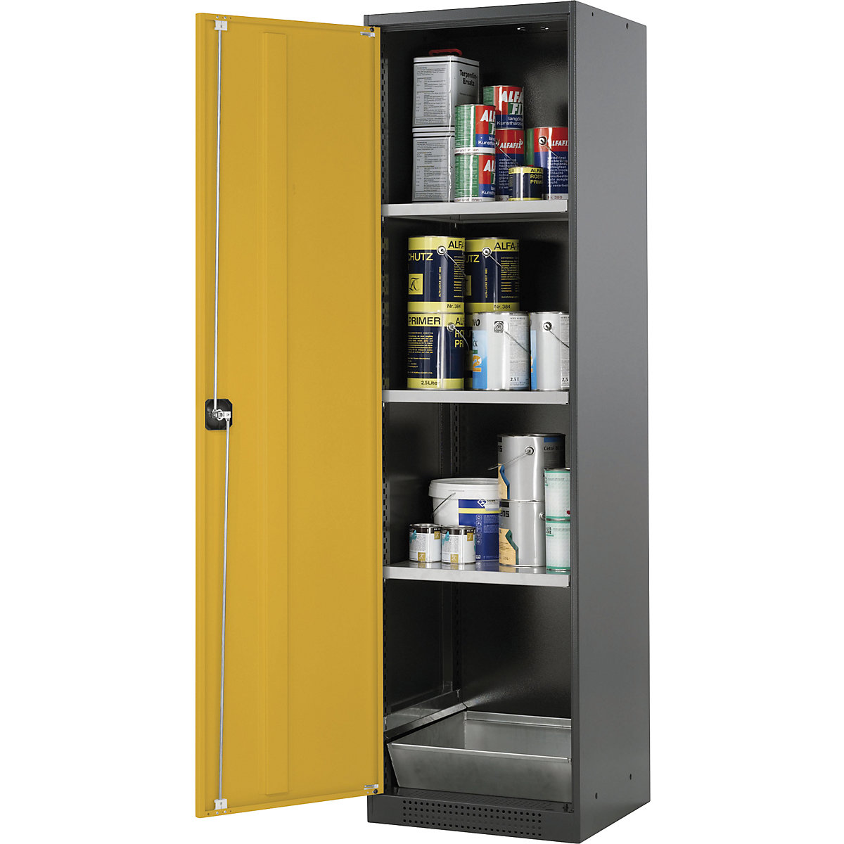 Laboratory chemical storage cupboard – asecos, 1 door, tall, 3 shelves, without vision panel, yellow-4