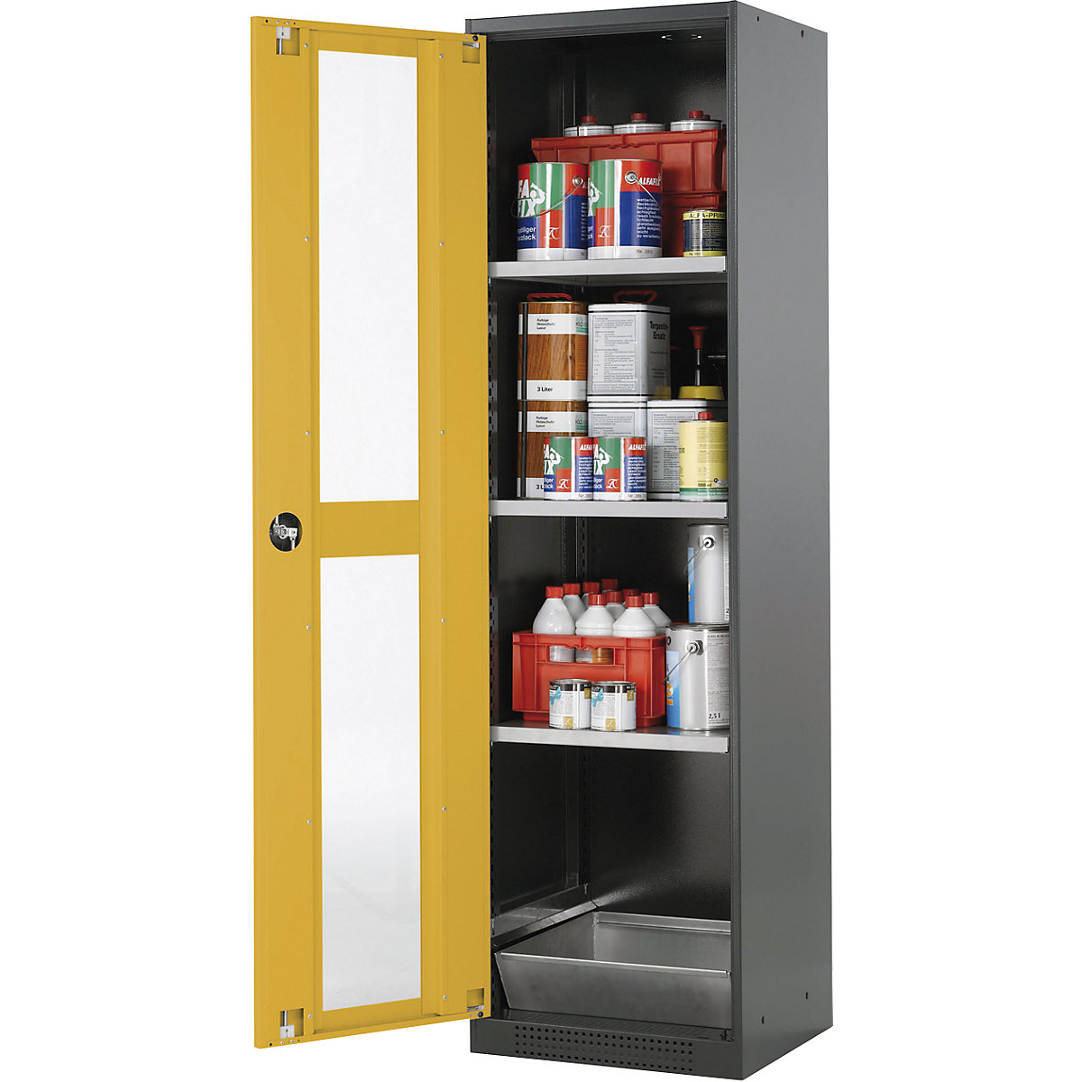 Laboratory chemical storage cupboard – asecos, 1 door, tall, 3 shelves, with vision panel, yellow-3